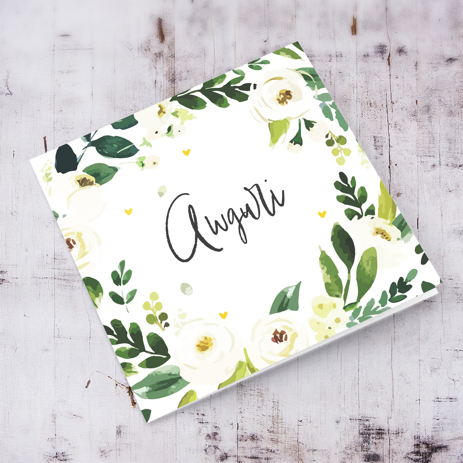 White flowers and green leaves open congratulations card in Maltese (Blank inside)