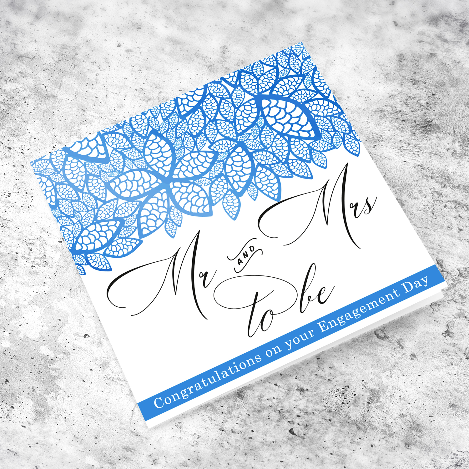 Blue leaves pattern Engagement card in English