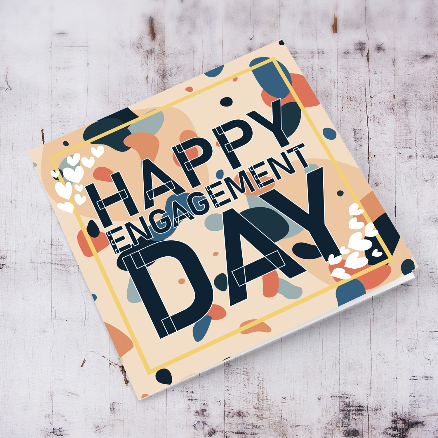 Colourful engagement card in neutral colours and touches of blues in English