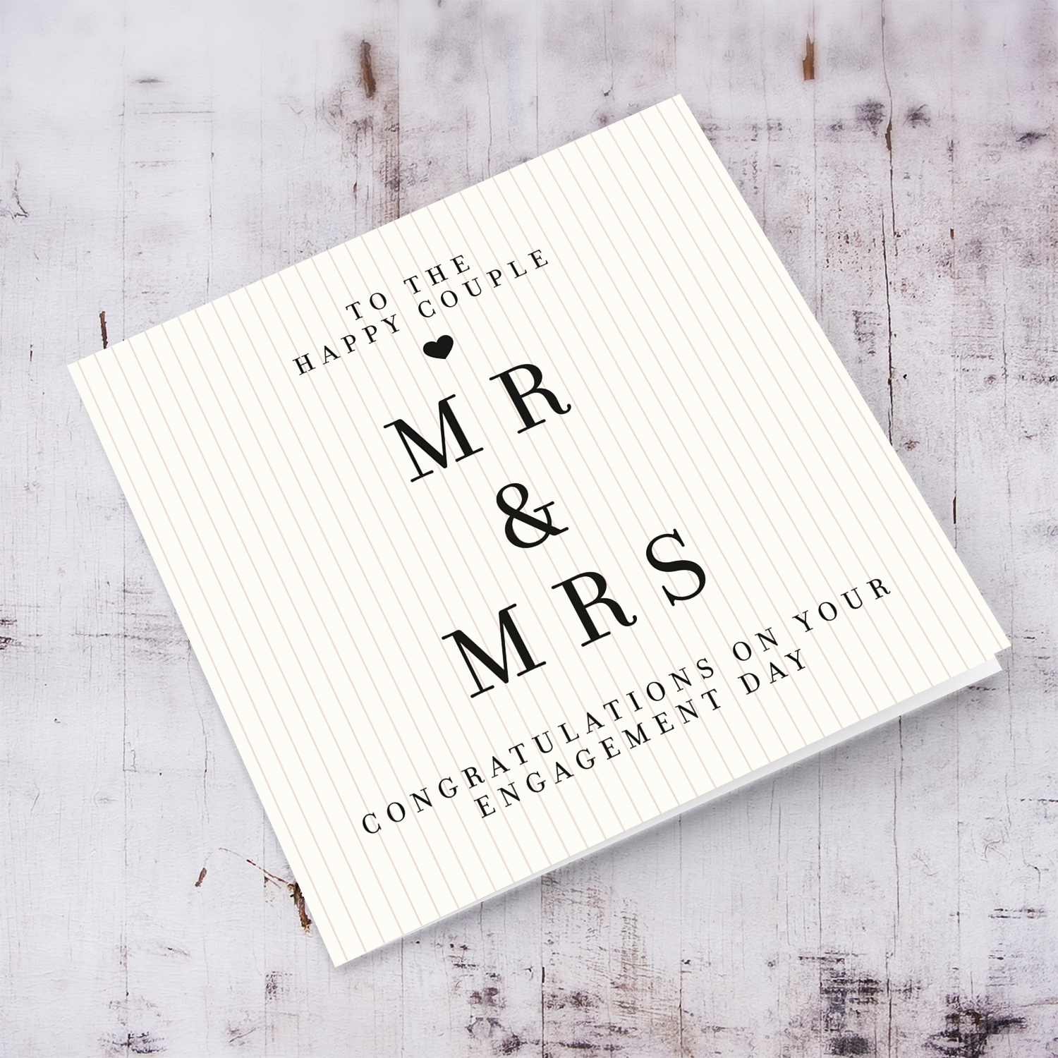 A modern striped neutral background engagement card for the the happy couple Mr &Mrs in English