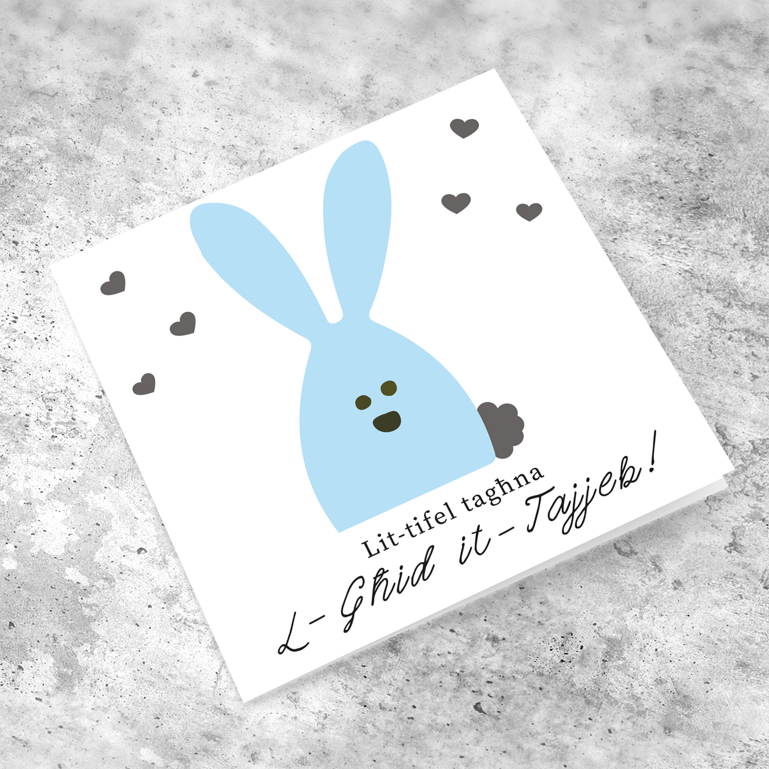 Son - Easter card with blue bunny and scattered hearts in Maltese