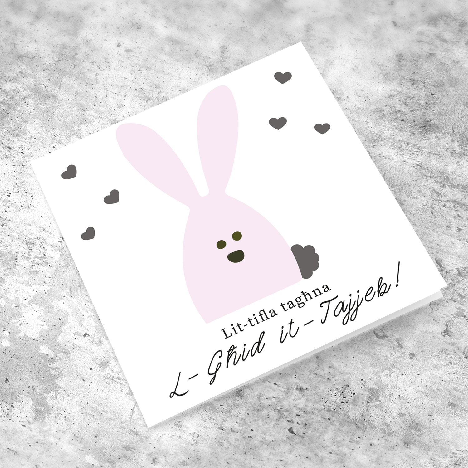 Daughter - Easter card with pink bunny and scattered hearts in Maltese