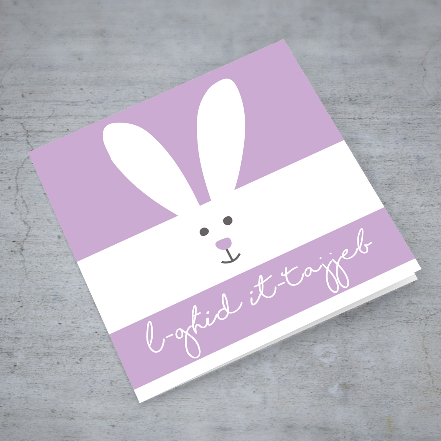 Cute bunny rabbit themed Easter card in Maltese in purple and white