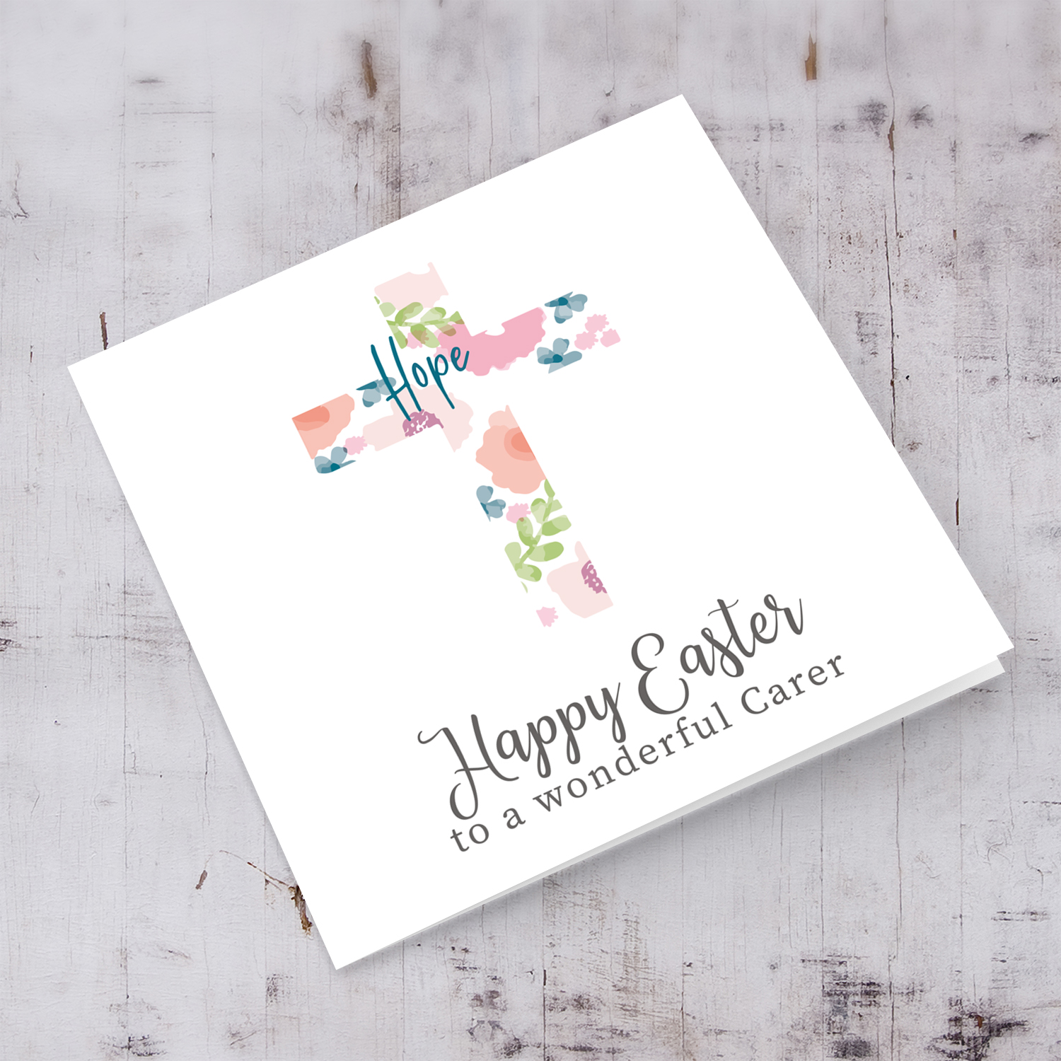Cross with colourful flowers and hope Easter card for a wonderful carer in English