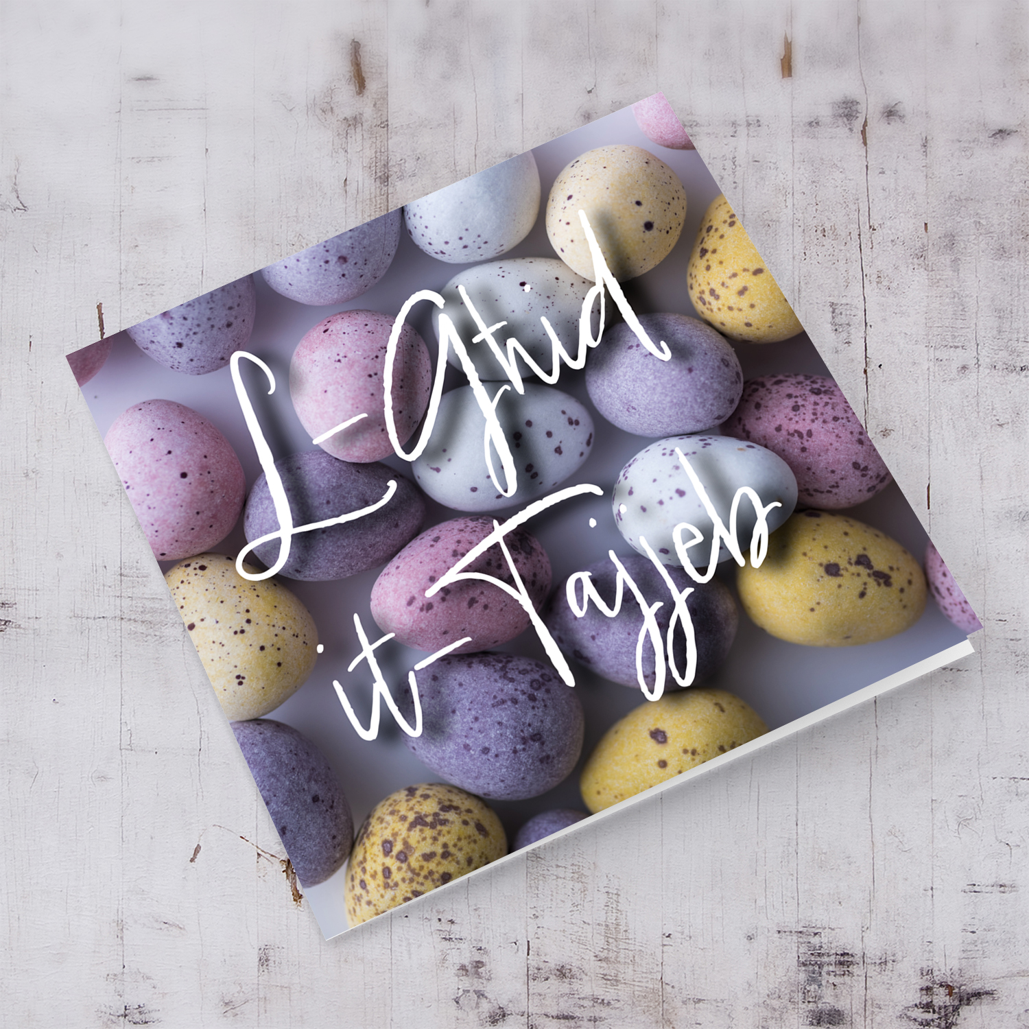 Easter egg themed Easter card purples, pinks and yellows in Maltese