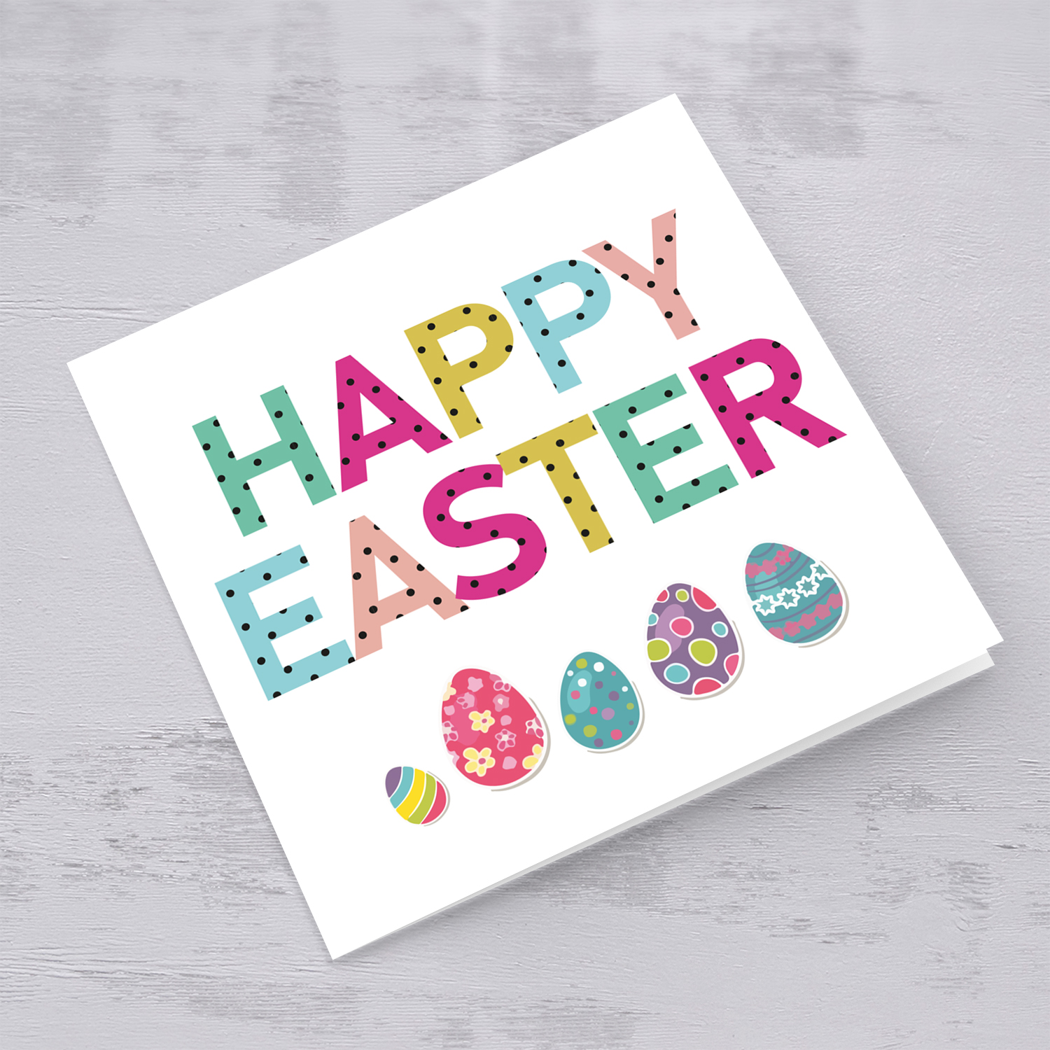 Colourful Easter card with easter eggs in English