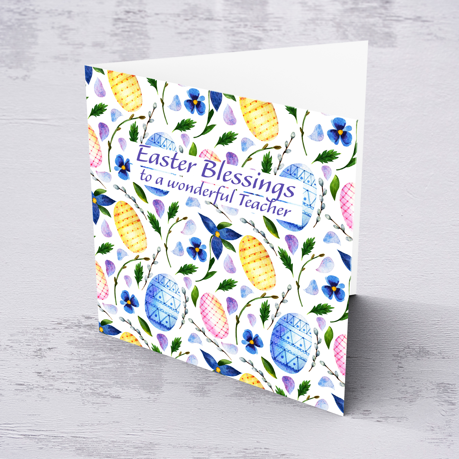 Colourful Easter card in easter egg themed background in blue tones for Teacher - English (Personalisable)