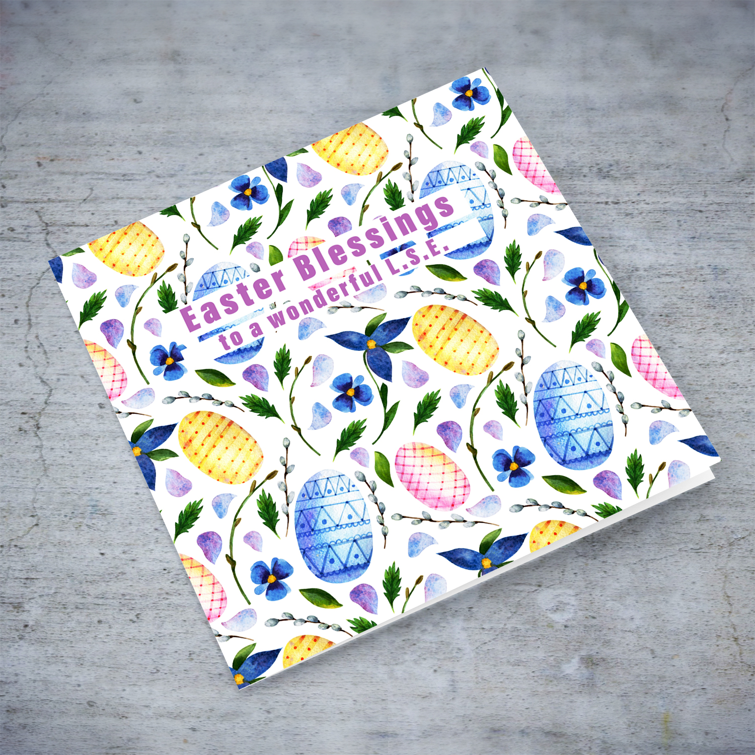 Colourful Easter card in easter egg themed background in blue tones for L.S.E. - English (Personalisable)