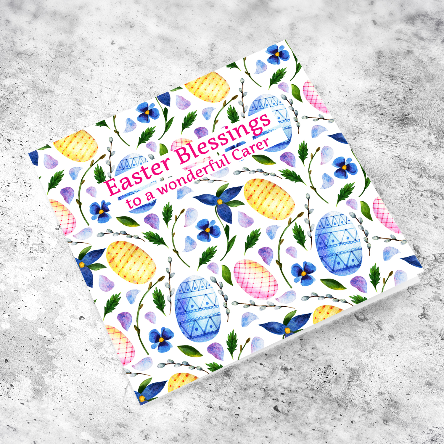 Colourful Easter card in easter egg themed background in blue tones for a wonderful carer - English (Personalisable)