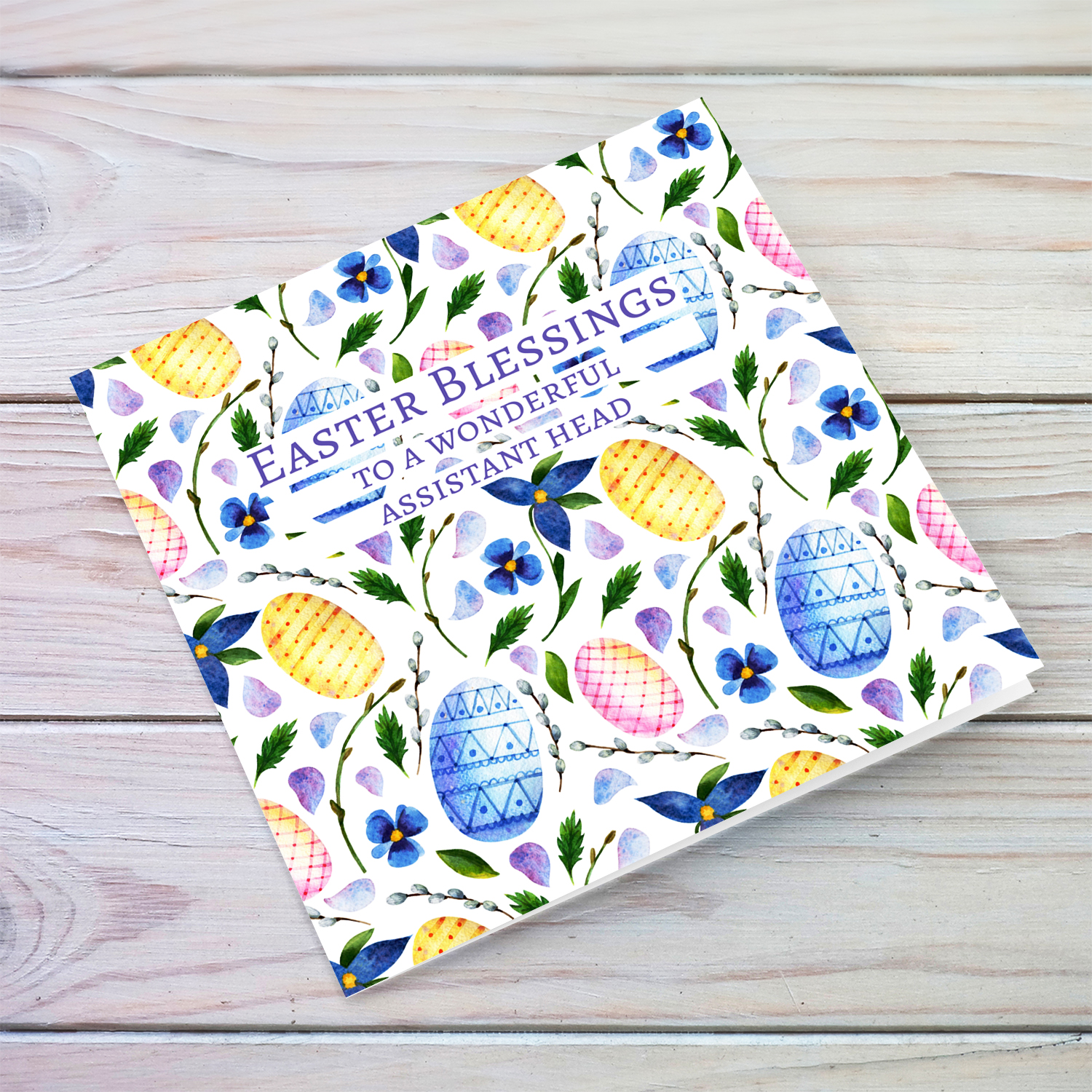 Colourful Easter card in easter egg themed background in blue tones for Assistant Head - English (Personalisable)