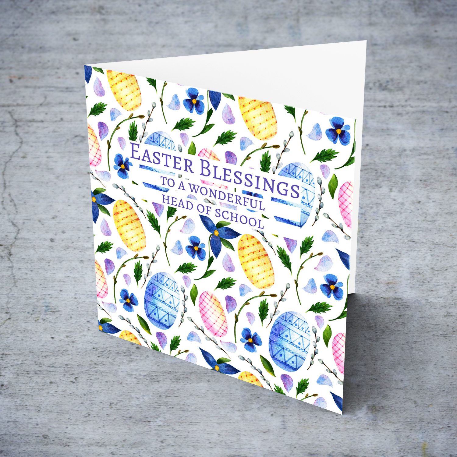 Colourful Easter card in easter egg themed background in blue tones for Head of School - English (Personalisable)