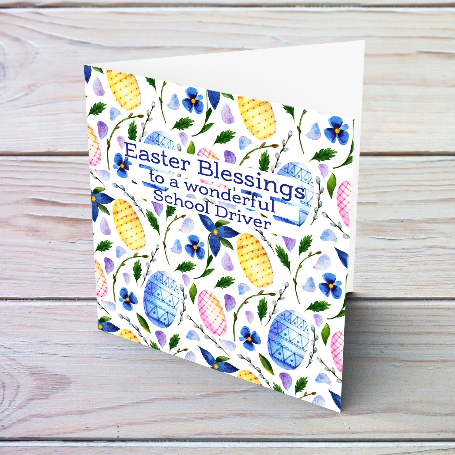 Colourful Easter card in easter egg themed background in blue tones for School Driver - English (Personalisable)