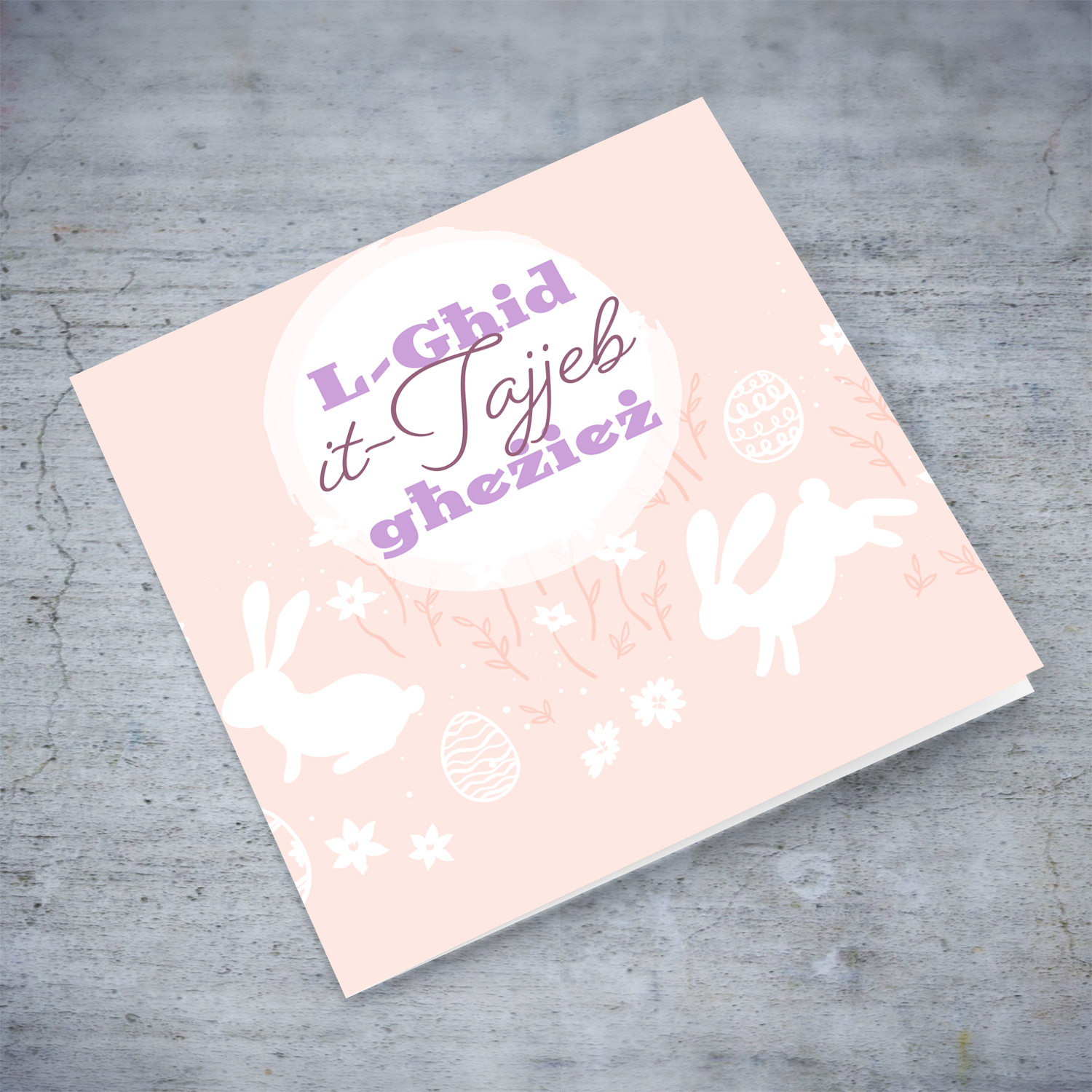 Cute Easter card for loved ones in light pink background and white rabbits in Maltese