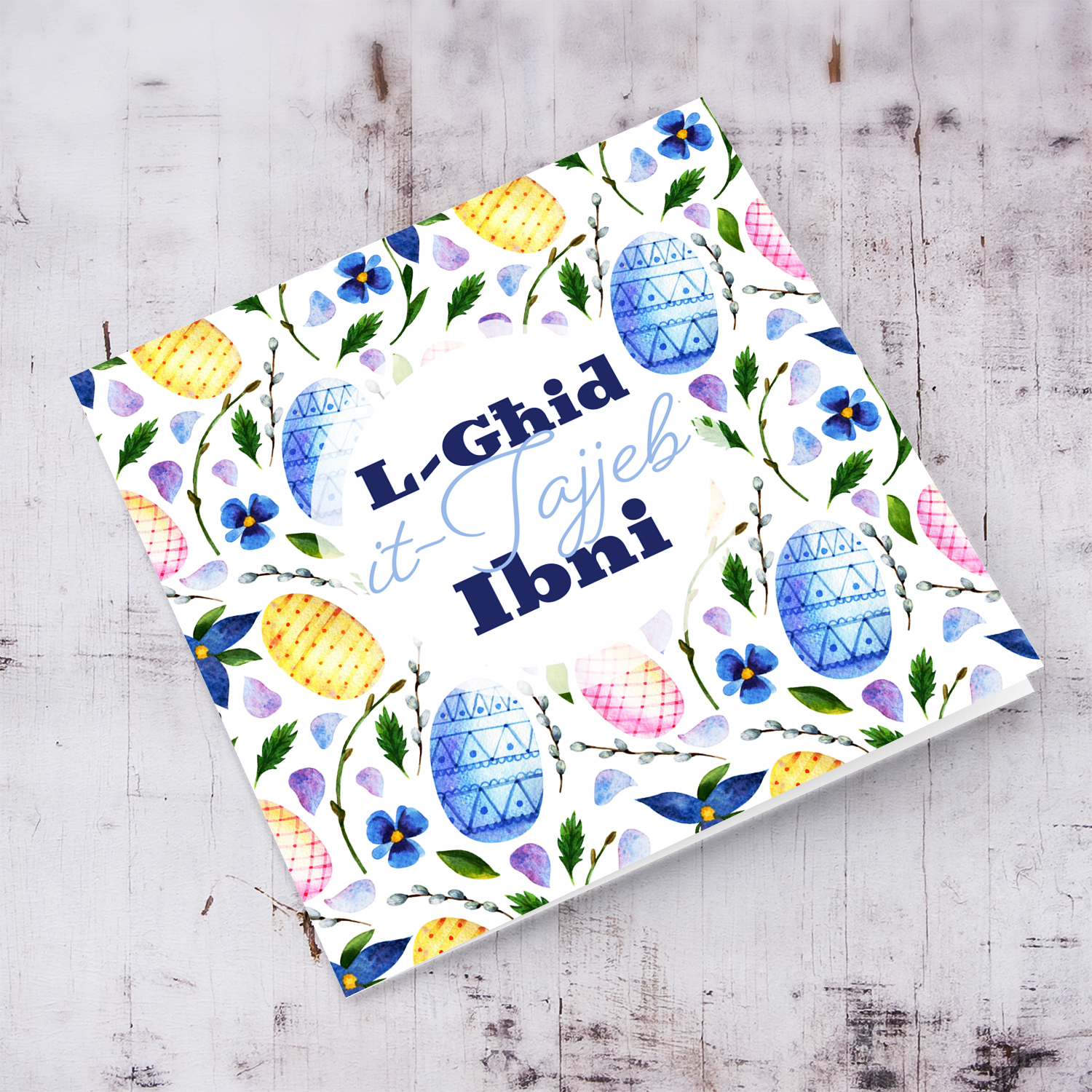 Colourful Easter card in easter egg themed background in blue tones for Son - in Maltese