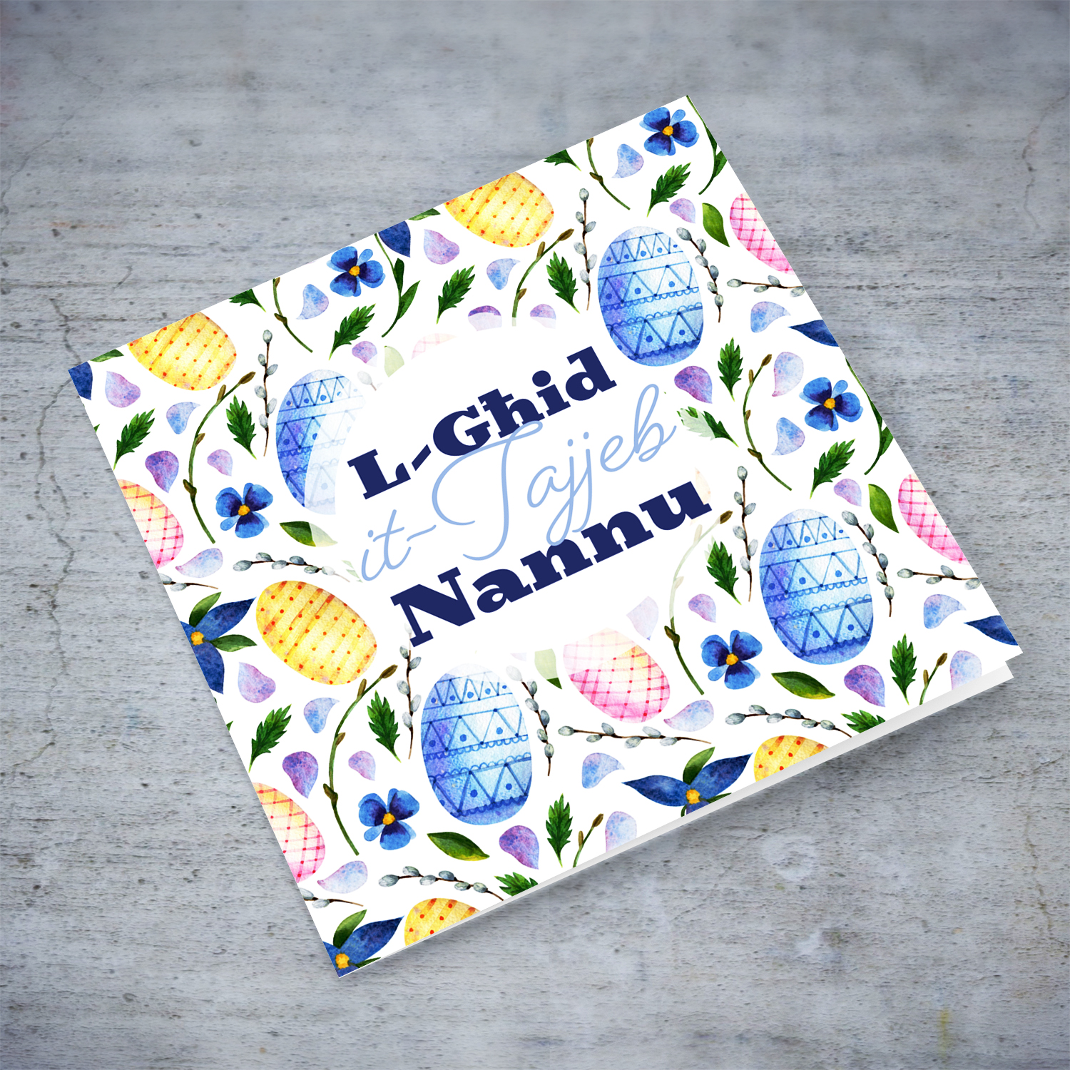 Colourful Easter card in easter egg themed background in blue tones for Grandpa - in Maltese