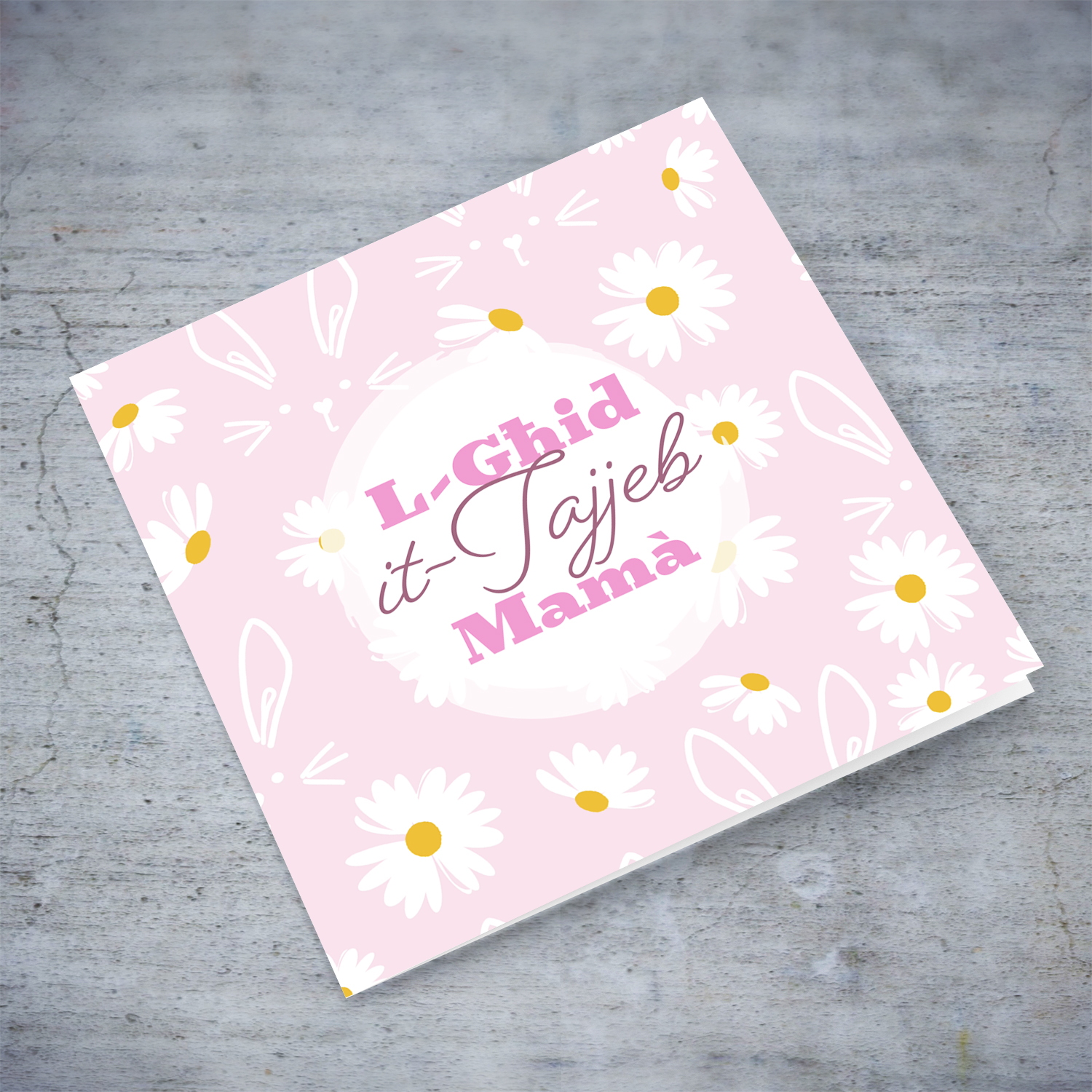 Light pink background Easter card for Mum with cute bunny and white flowers in Maltese