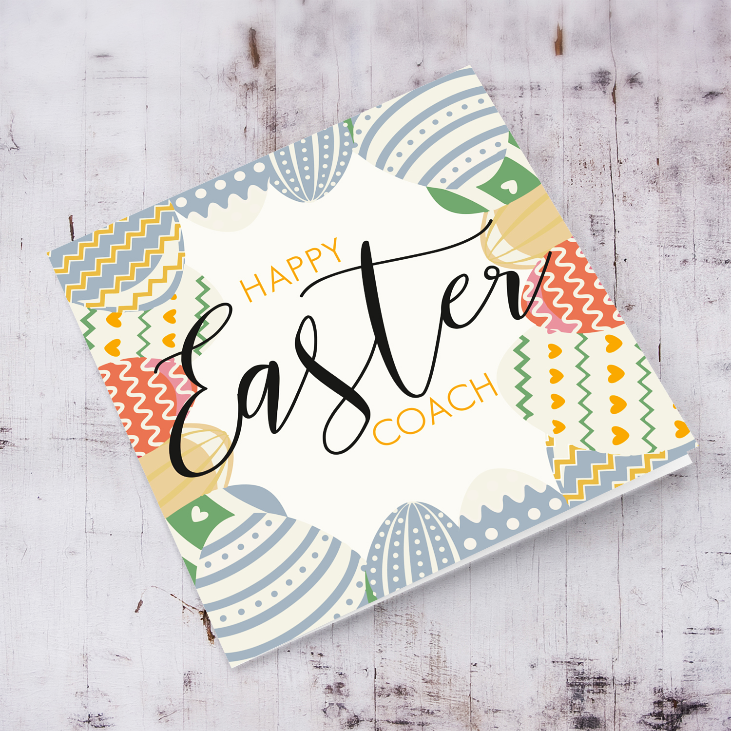 Colourful Easter egg themed greeting card for Coach in English