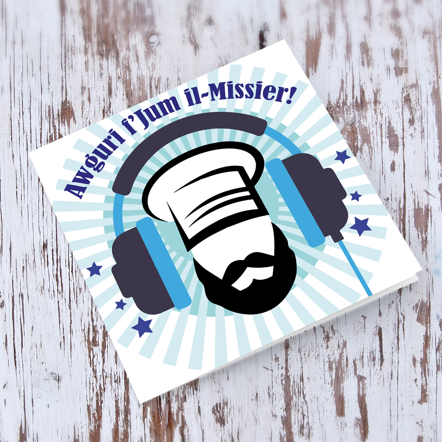 Chef wearing headphones themed Father's Day card in Maltese