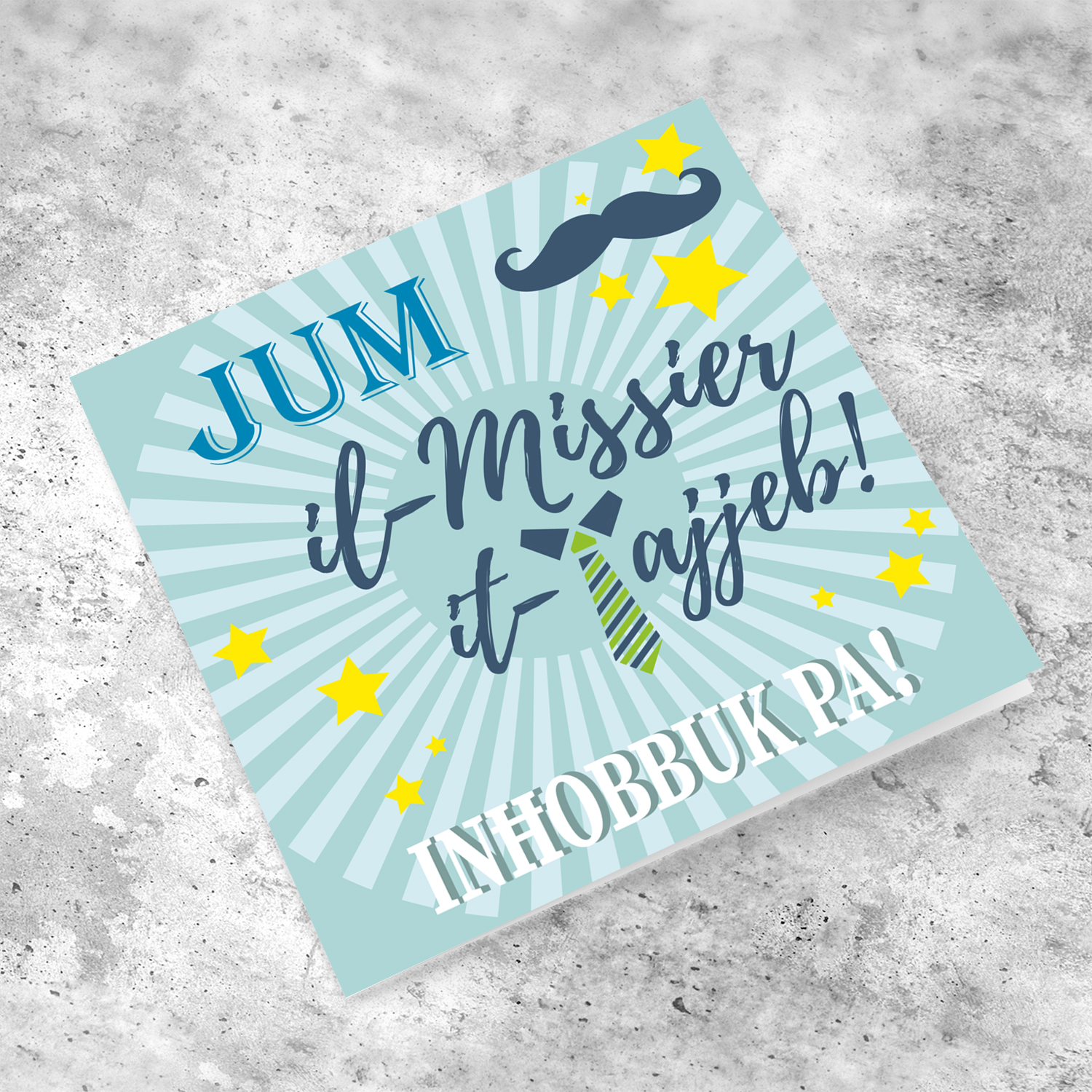 Father's Day card with light green background, moustache and yellow stars in Maltese (plural)