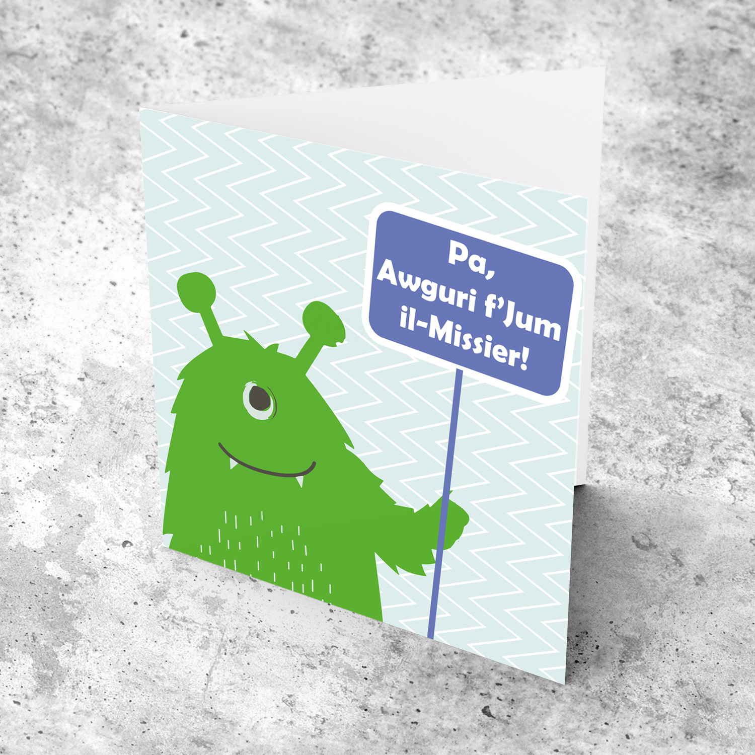 Green monster themed father's day card in Maltese