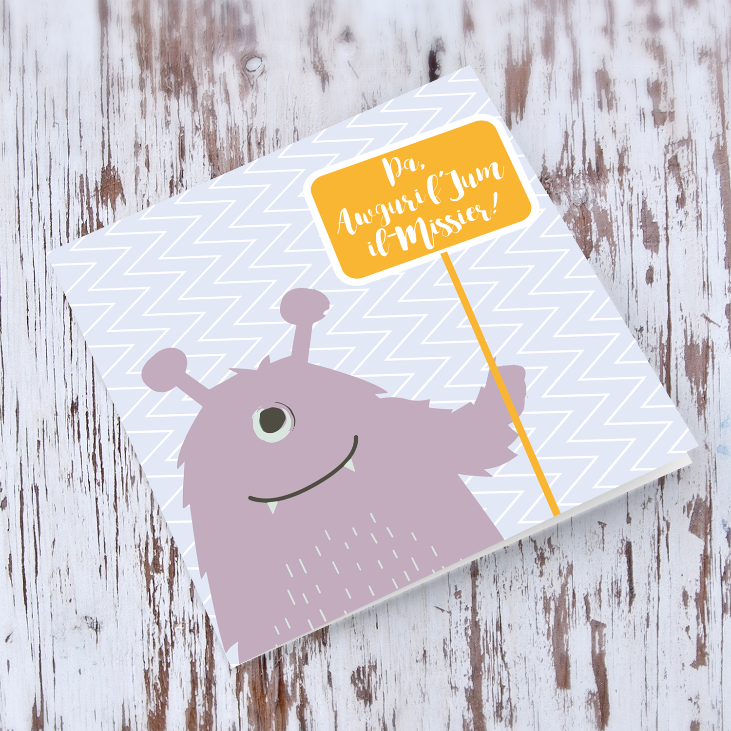 Pink monster themed father's day card in Maltese