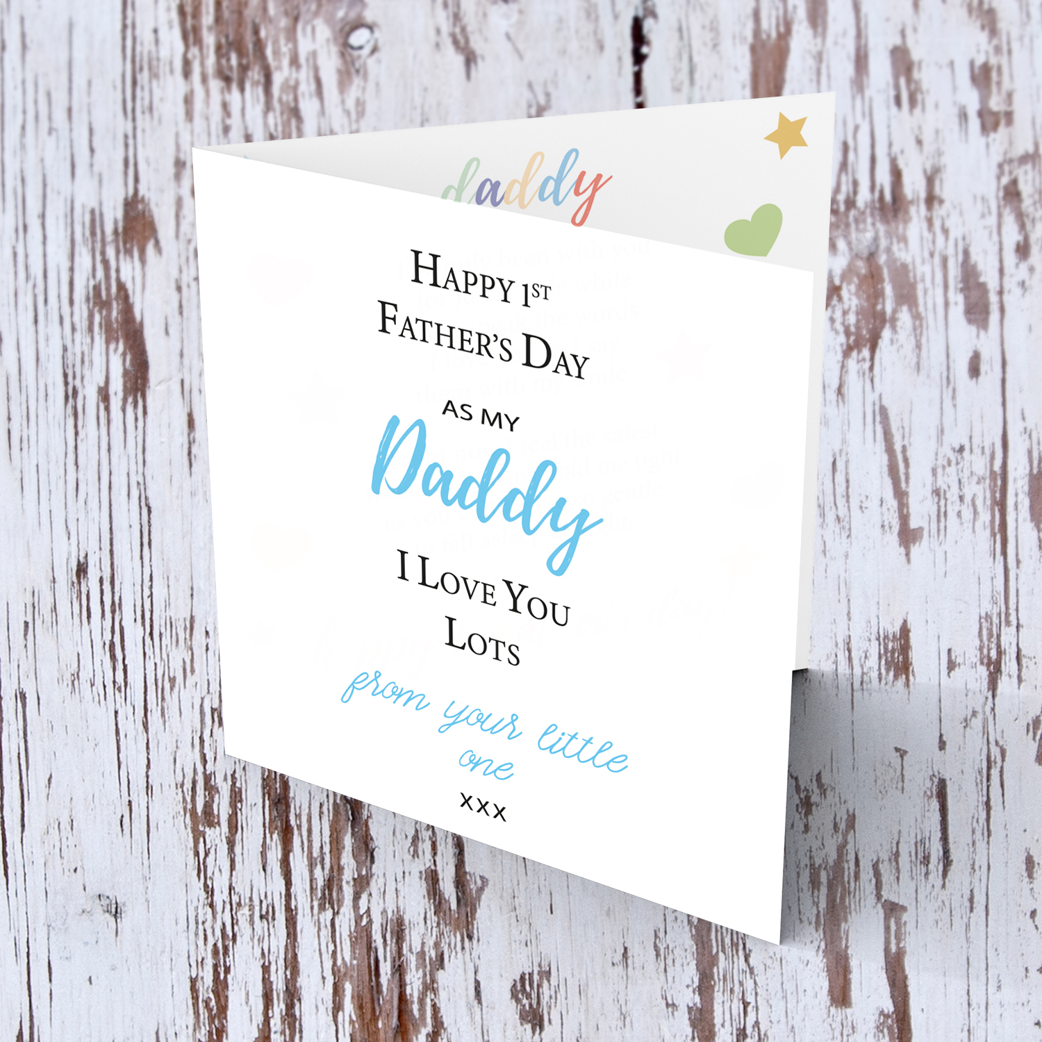 First Father's Day card in with light blue wording (English)