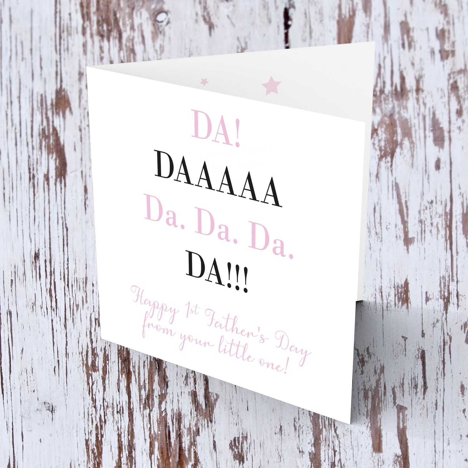 First Father's Day in pink and black wording in English