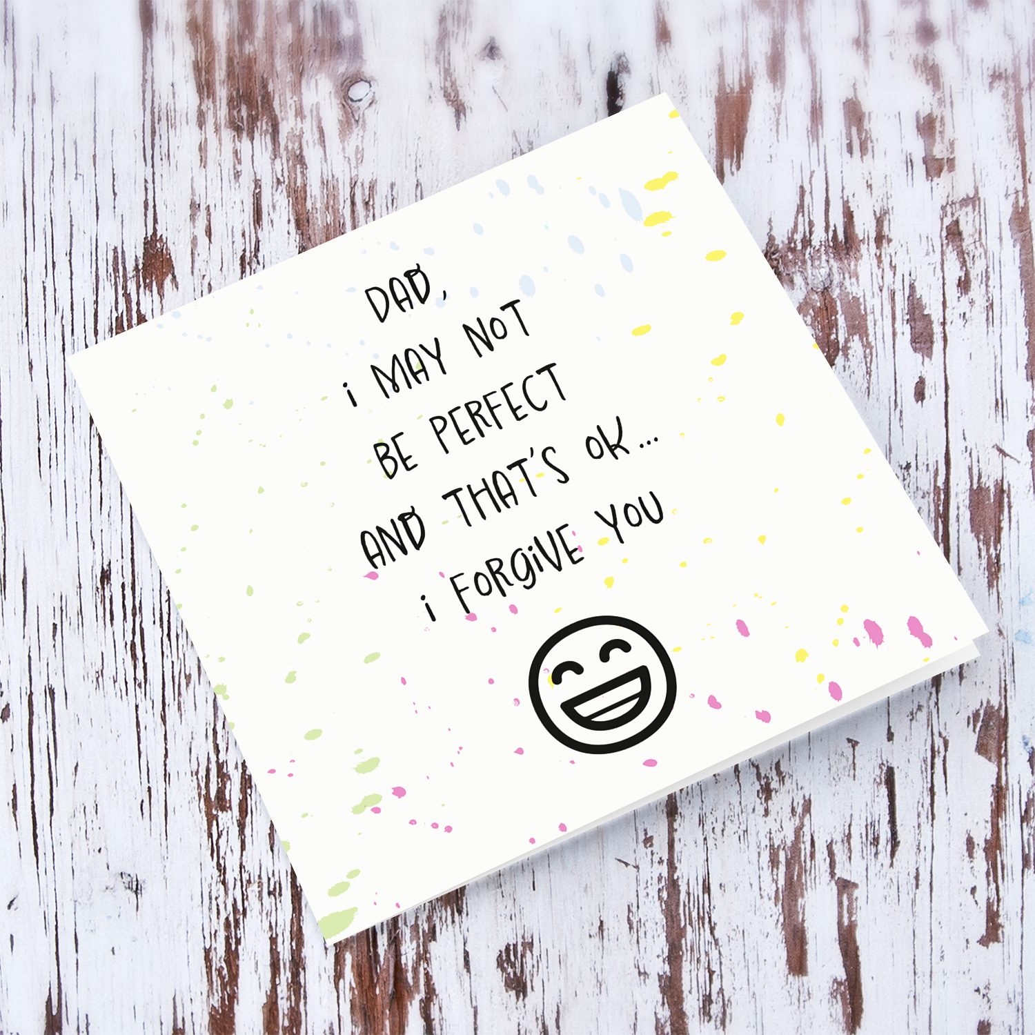 Funny father's day card with splattered colourful "paint" and funny emoji in English (Singular)