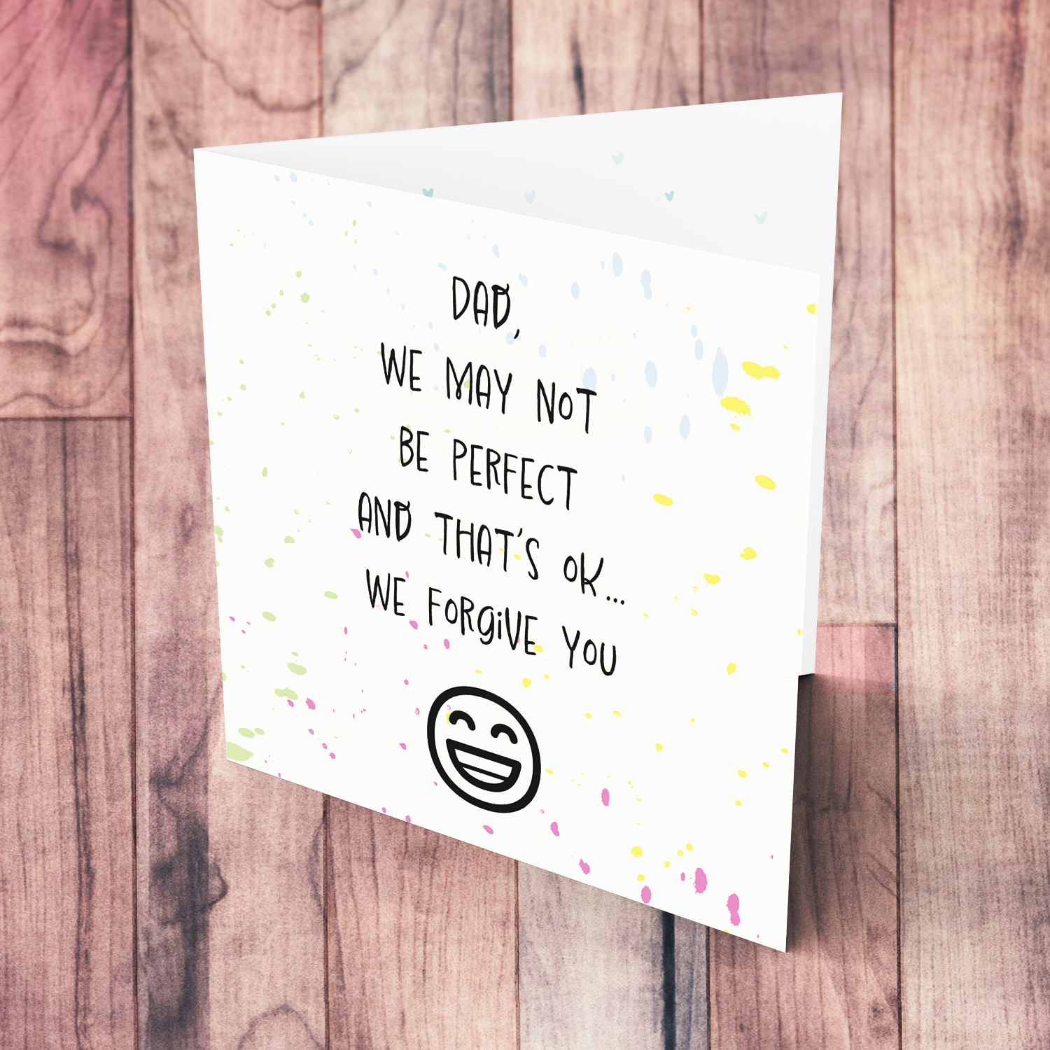 Funny father's day card with splattered colourful "paint" and funny emoji in English (Plural)