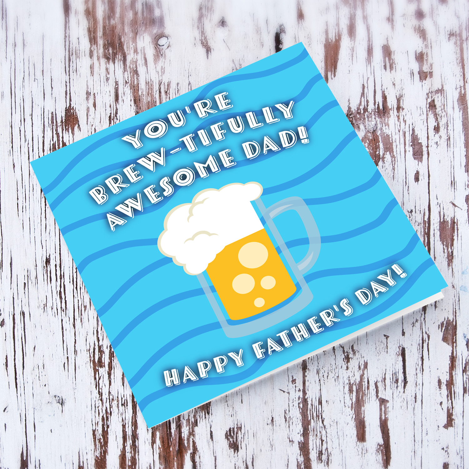 A beer themed father's day card for dad in a blue background in English 