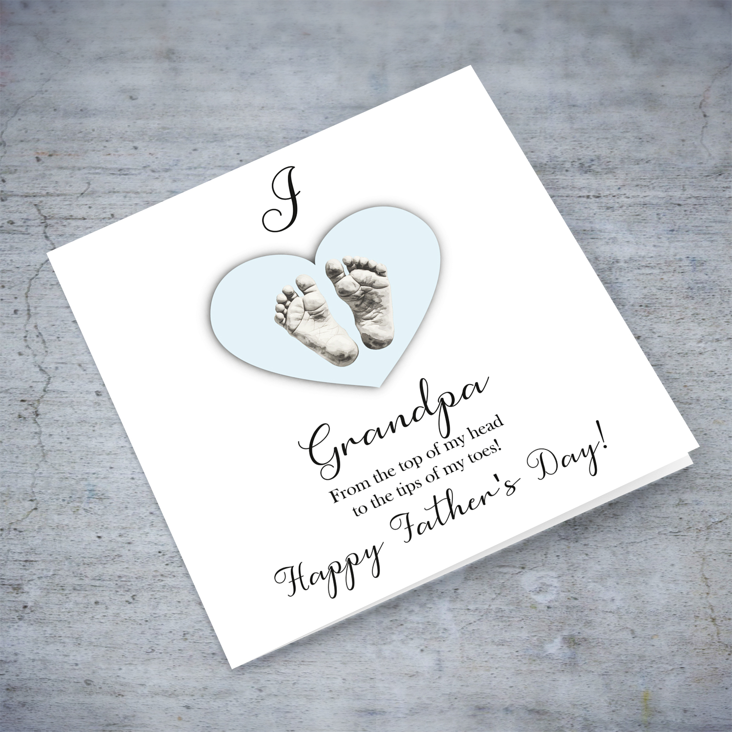 A cute baby footprint father's day card for grandpa, I love grandpa, in a light blue heart in English