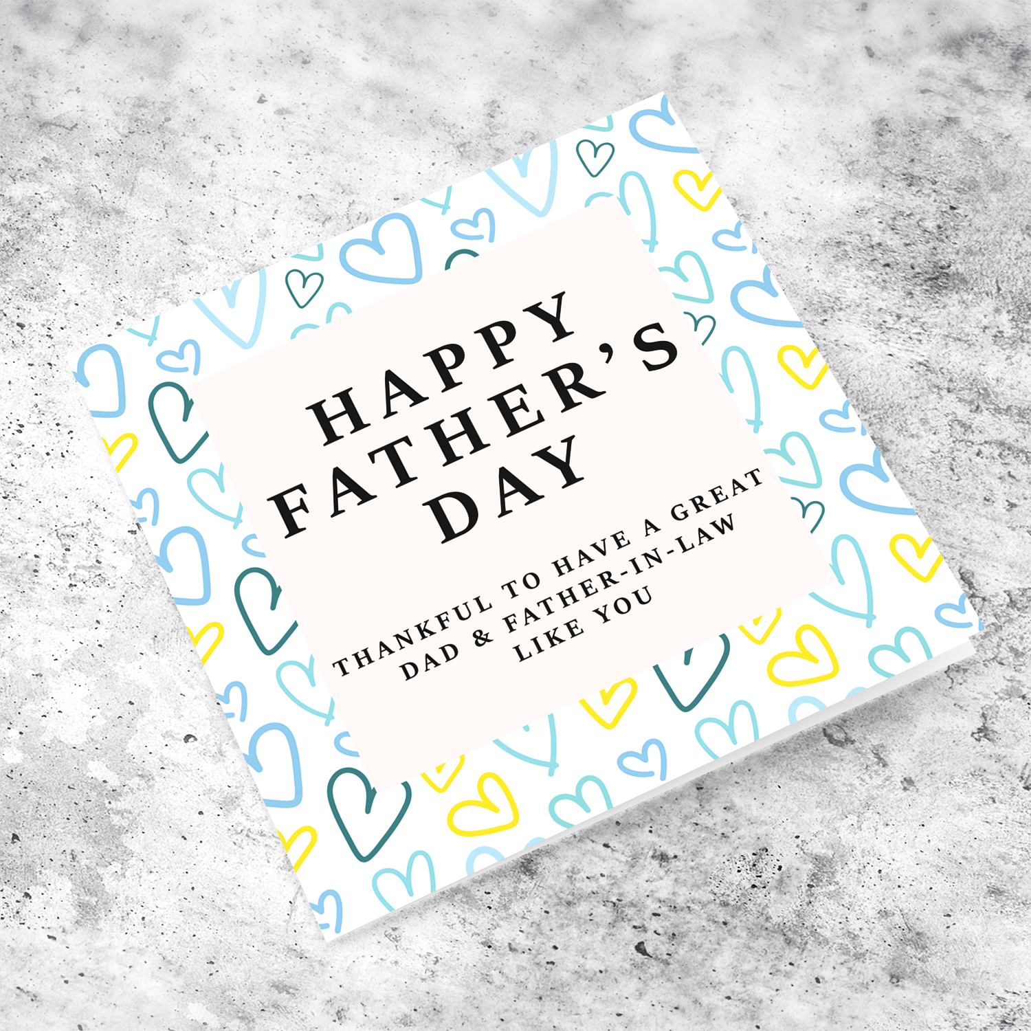 A beautiful father's day card for dad & father-in-law, featuring a heart themed background in English