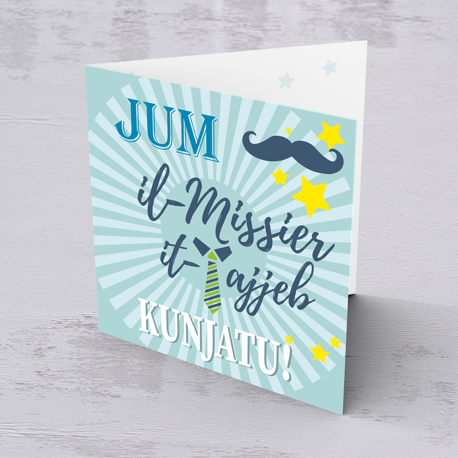 Father's Day card for Father-in-law with light green background, moustache and yellow stars in Maltese