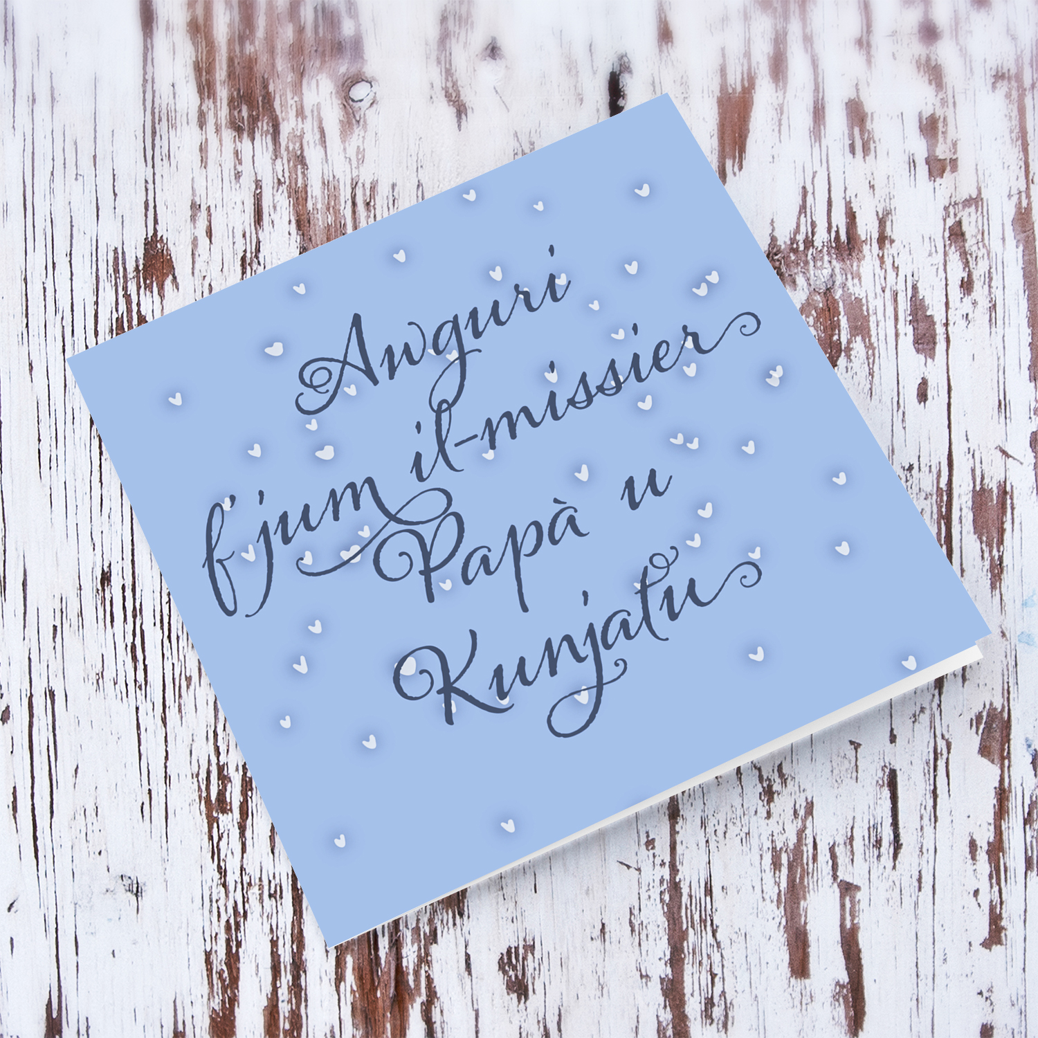 Father's day card in blue background with scattered hearts for dad and father in law in Maltese