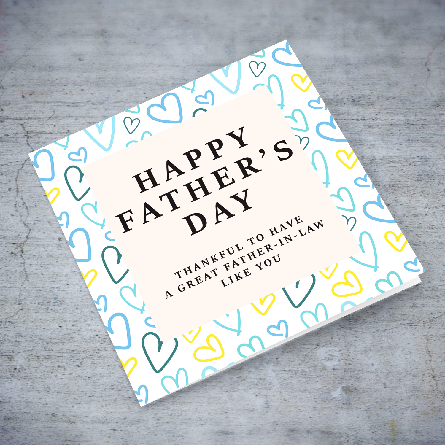 A beautiful father's day card for father-in-law, featuring a heart themed background in English