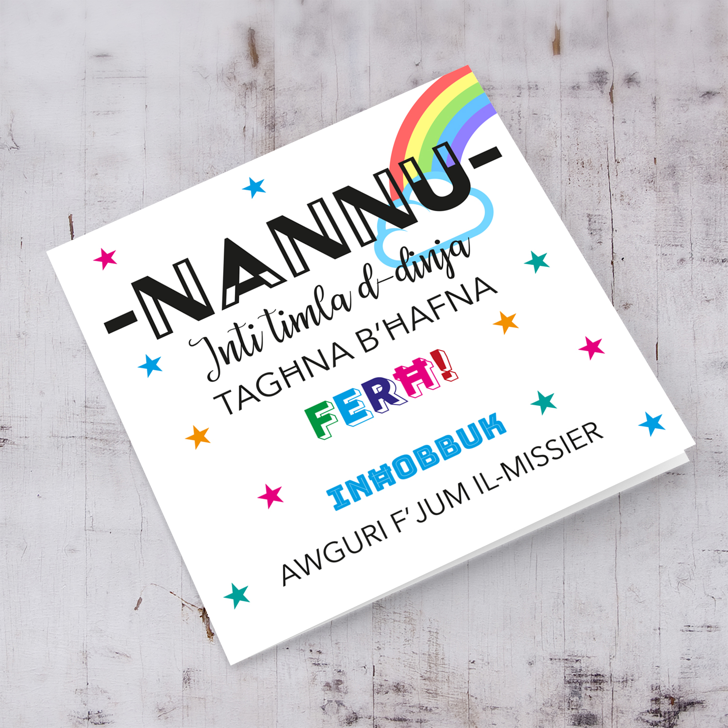 Rainbow and colourful father's day car for Nannu in Maltese (plural)