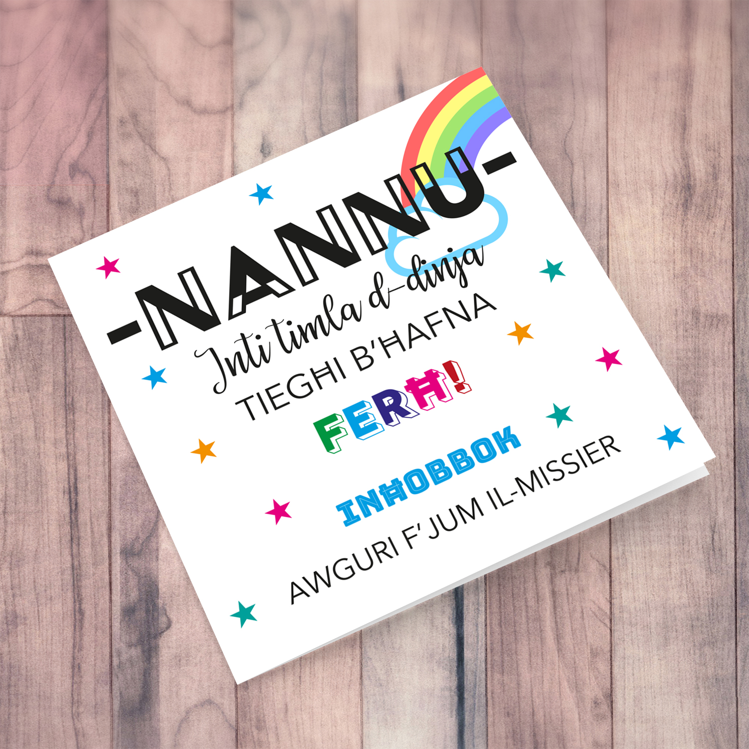 Rainbow and colourful father's day car for Nannu in Maltese (singular)