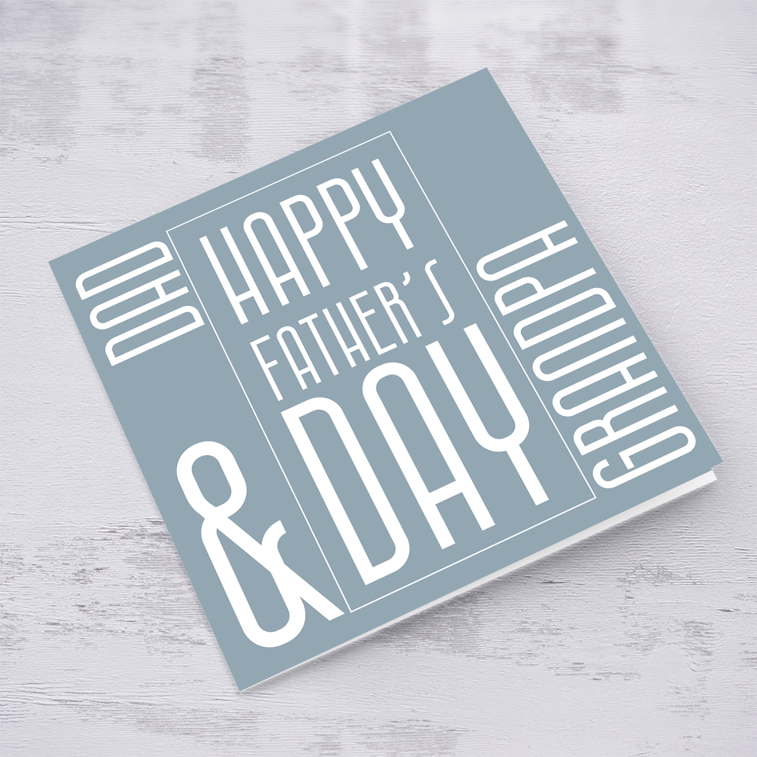 Minimalist father's day card for dad and grandpa in gray/blue background with white text in English