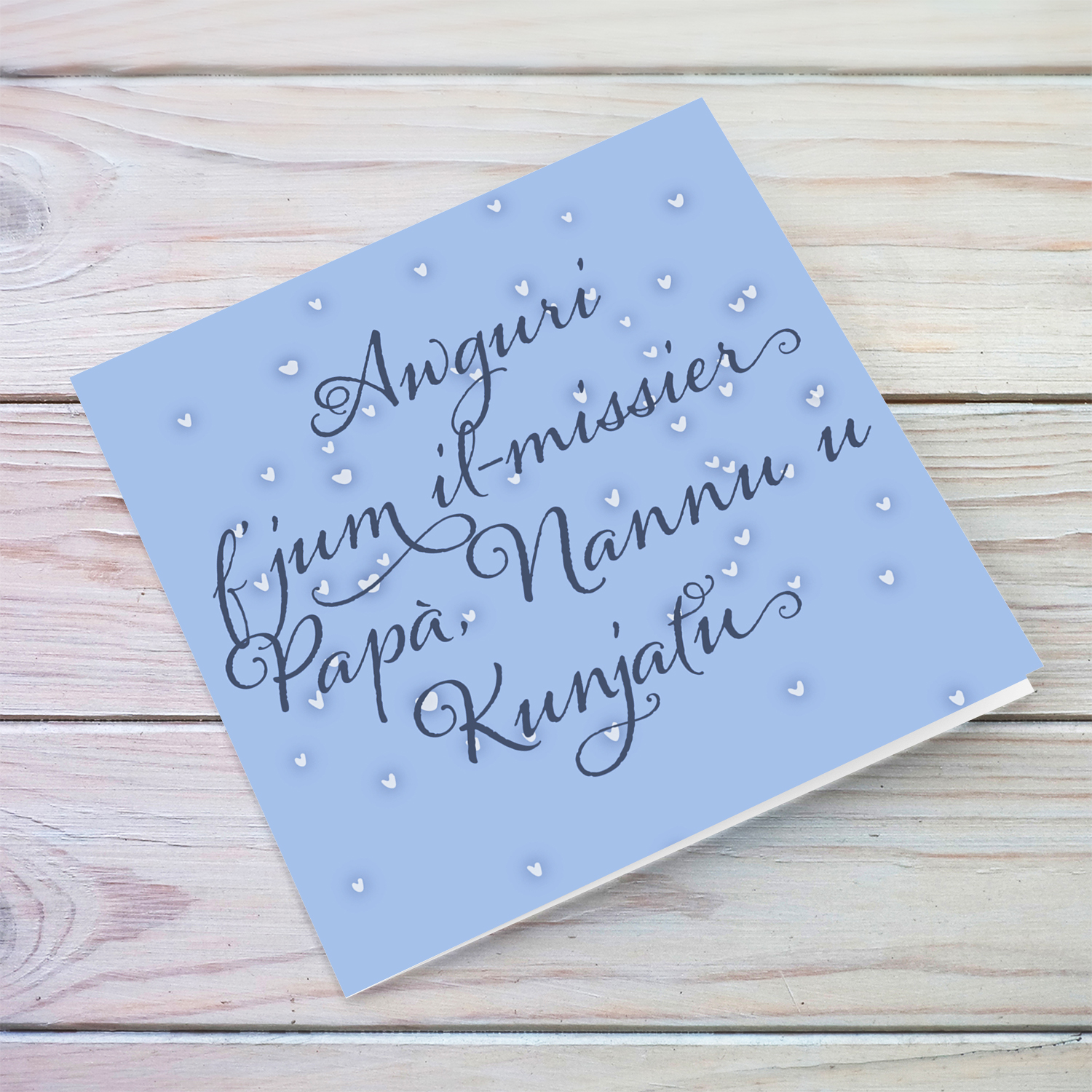 Father's day card in blue background with scattered hearts for dad and grandad and father in law in Maltese
