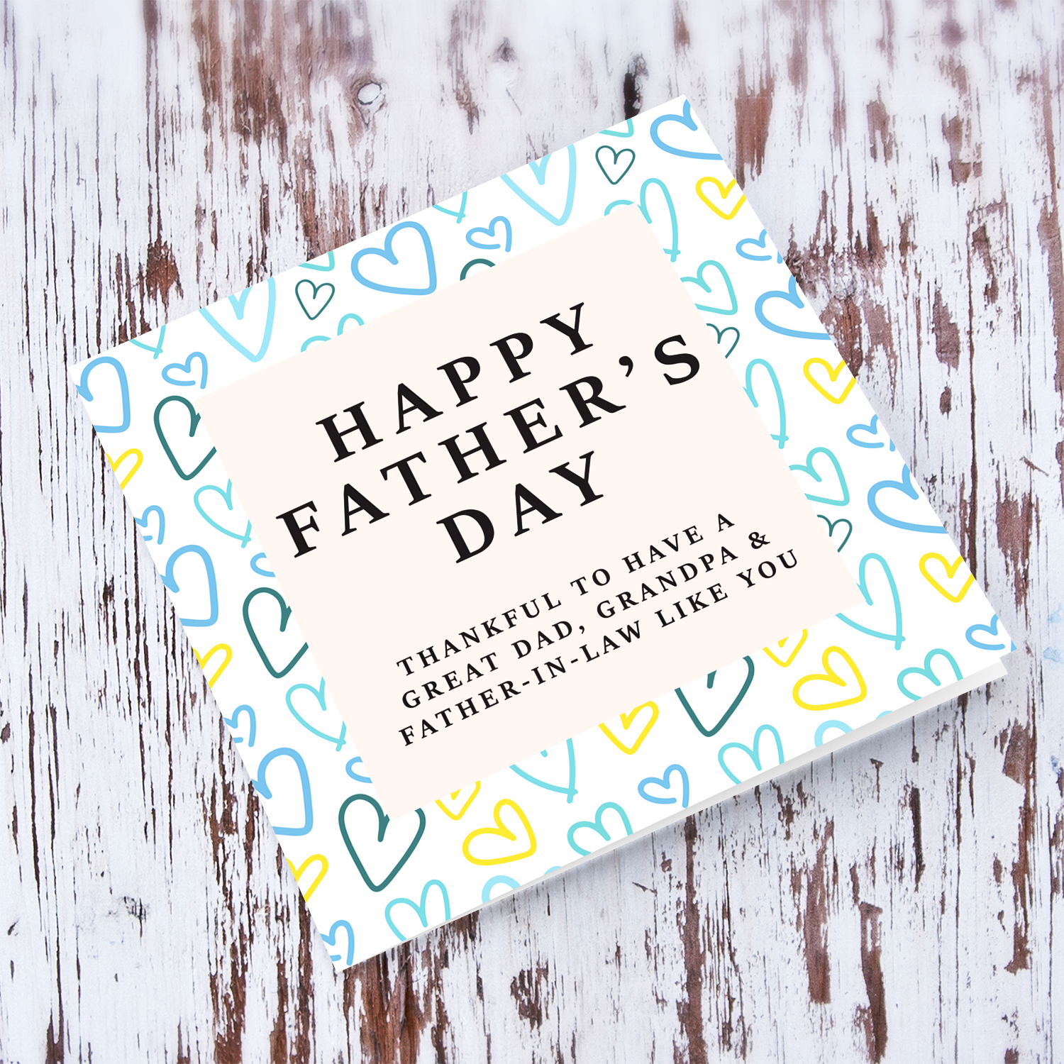 A beautiful father's day card for dad, grandpa & father-in-law, featuring a heart themed background in English