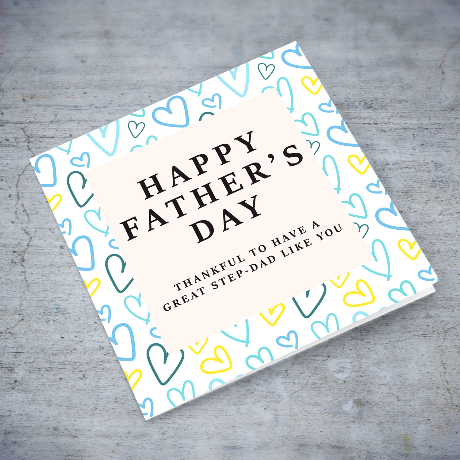 A beautiful father's day card for stepdad, featuring a heart themed background in English