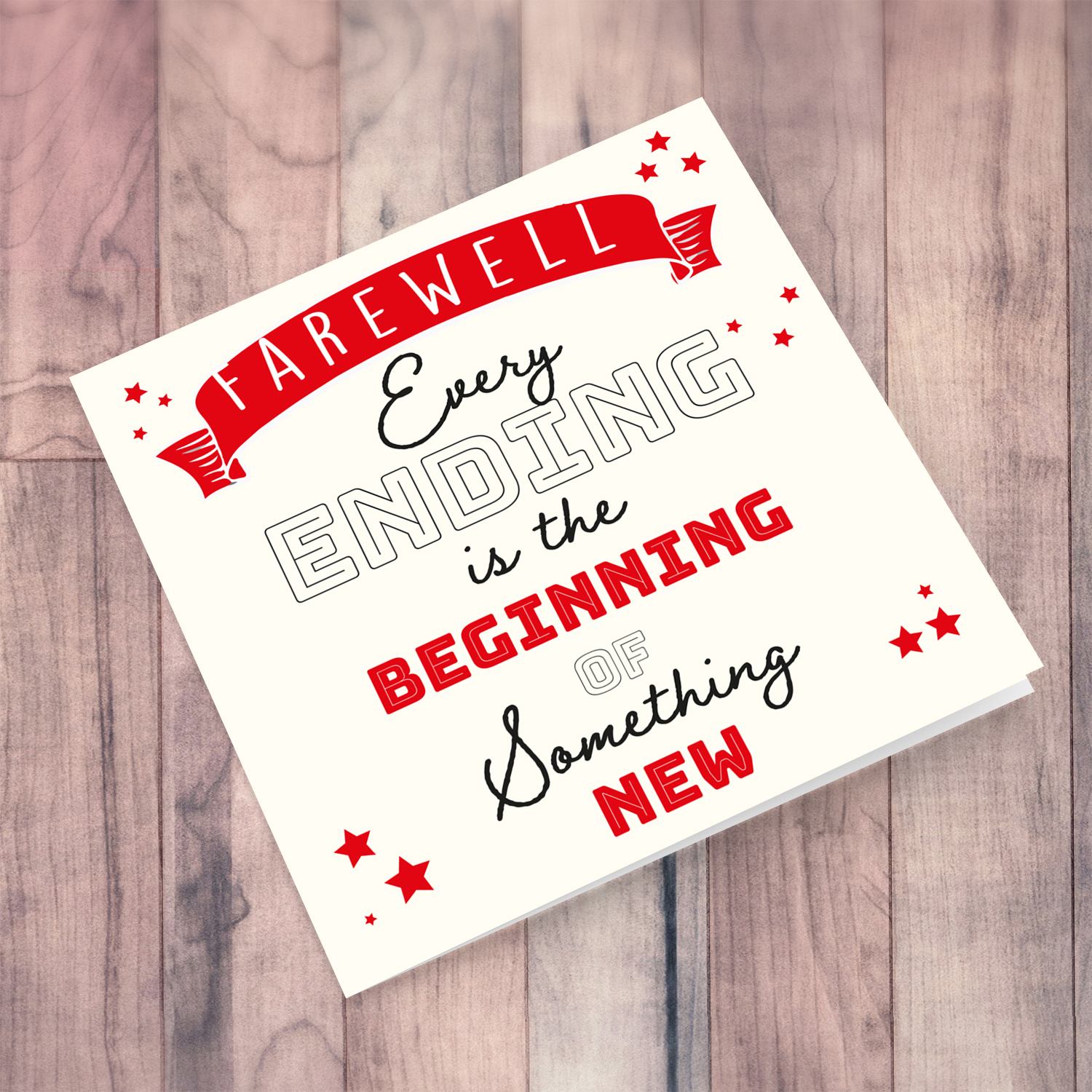 Farewell card with red banner and scattered hearts in English