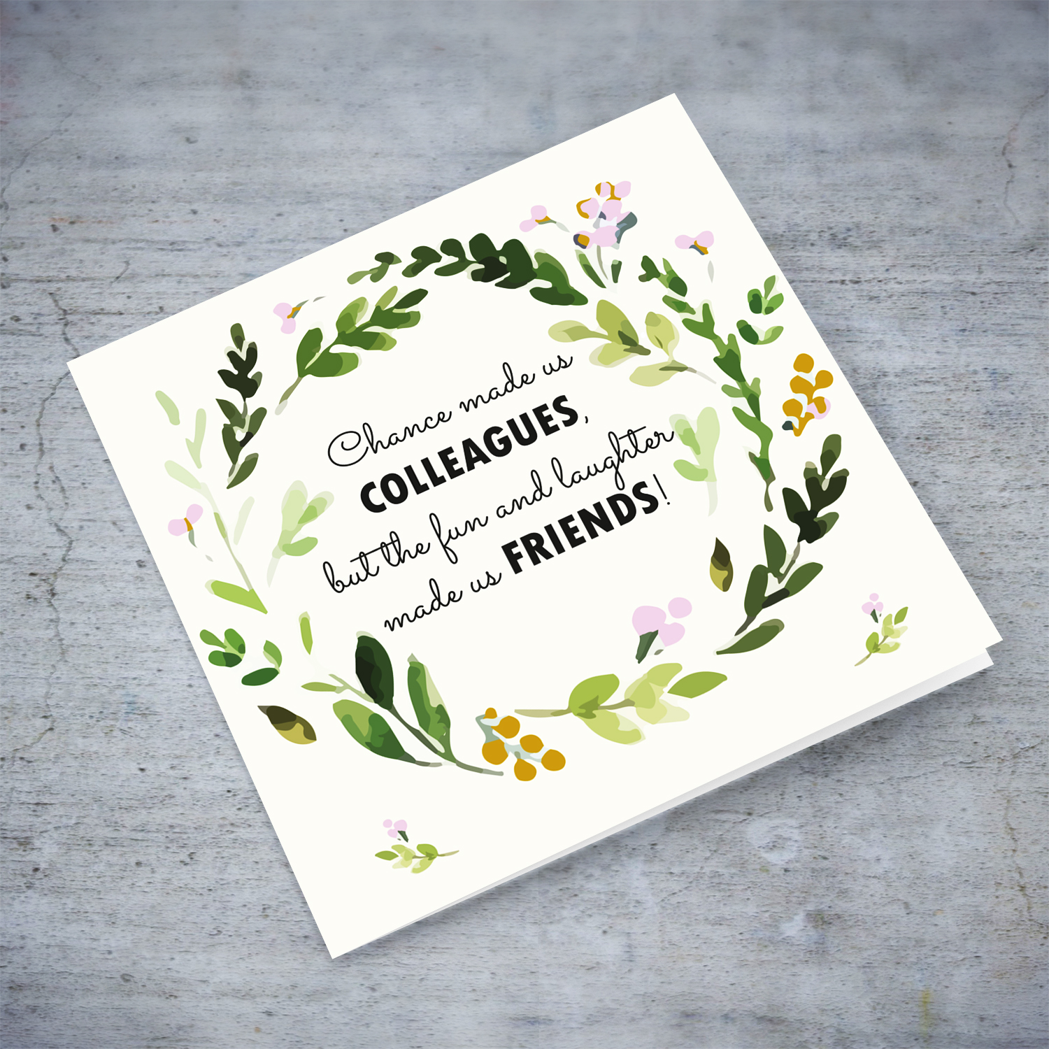 Farewell / good luck card with floral wreath in pink and gold tones in English