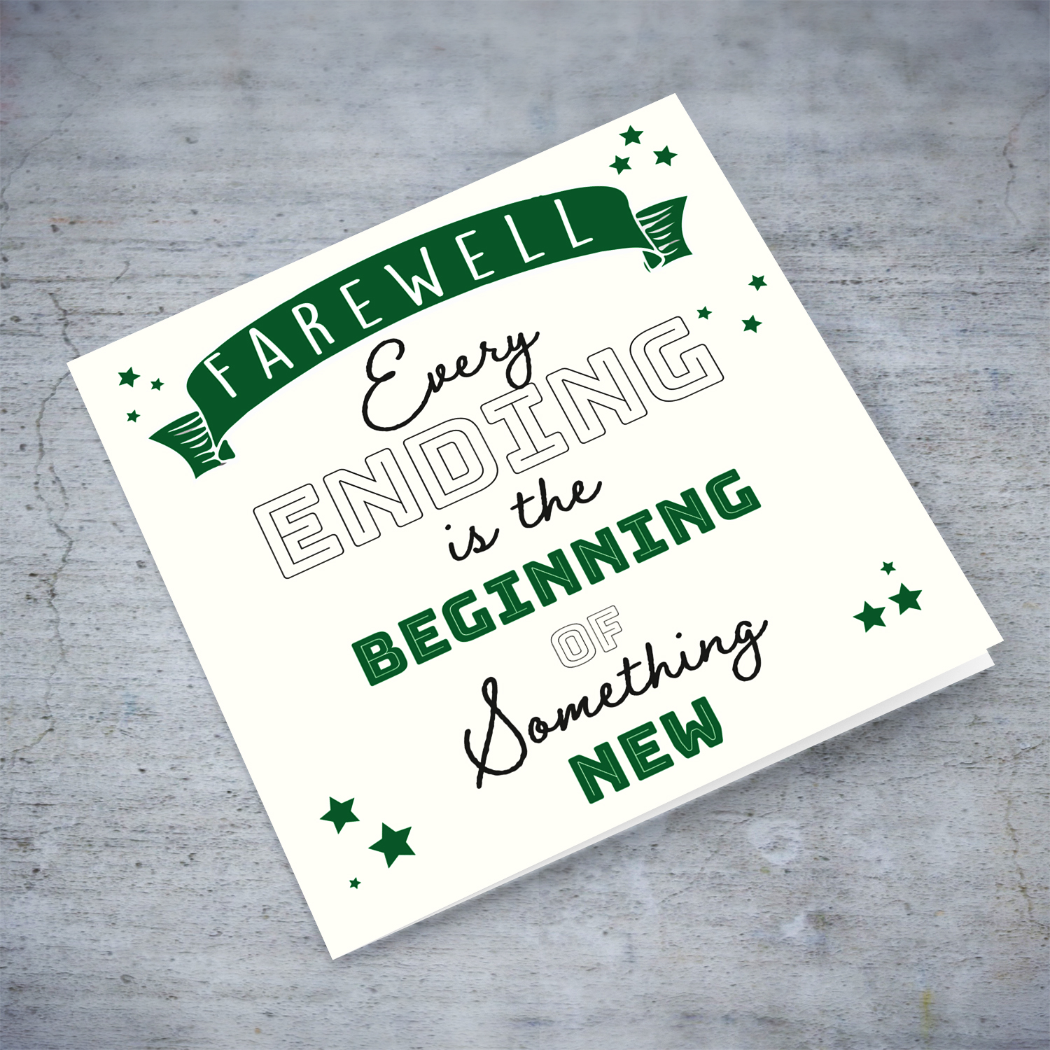 Farewell card with green banner and scattered stars in English