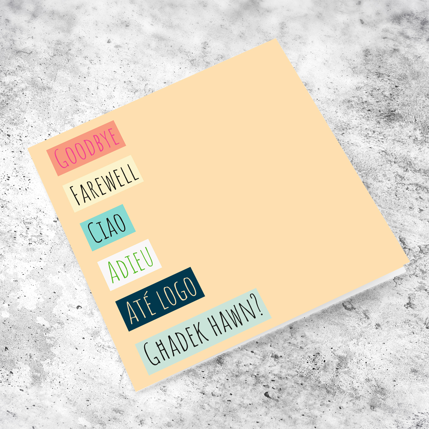 Funny farewell / retirement card in different languages saying goodbye including Maltese in a colourful modern design