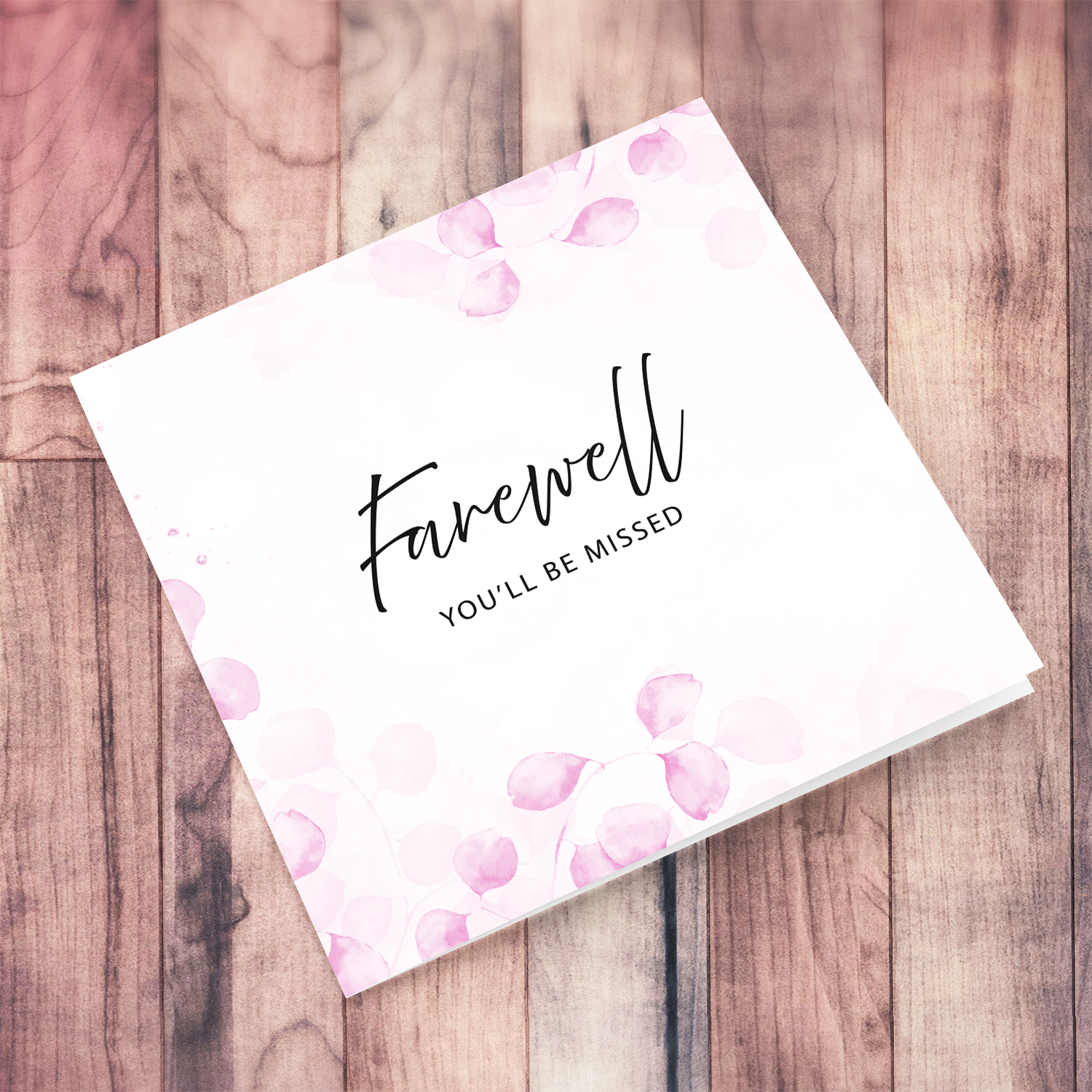 A dainty pink leave / plant background farewell card with black text in English (Blank inside)