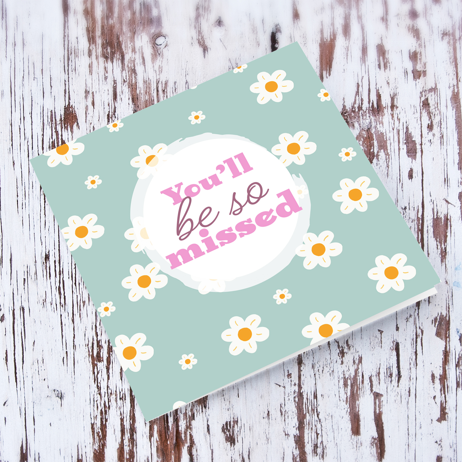 Turquoise background with white flowers farewell / you'll be missed card in English