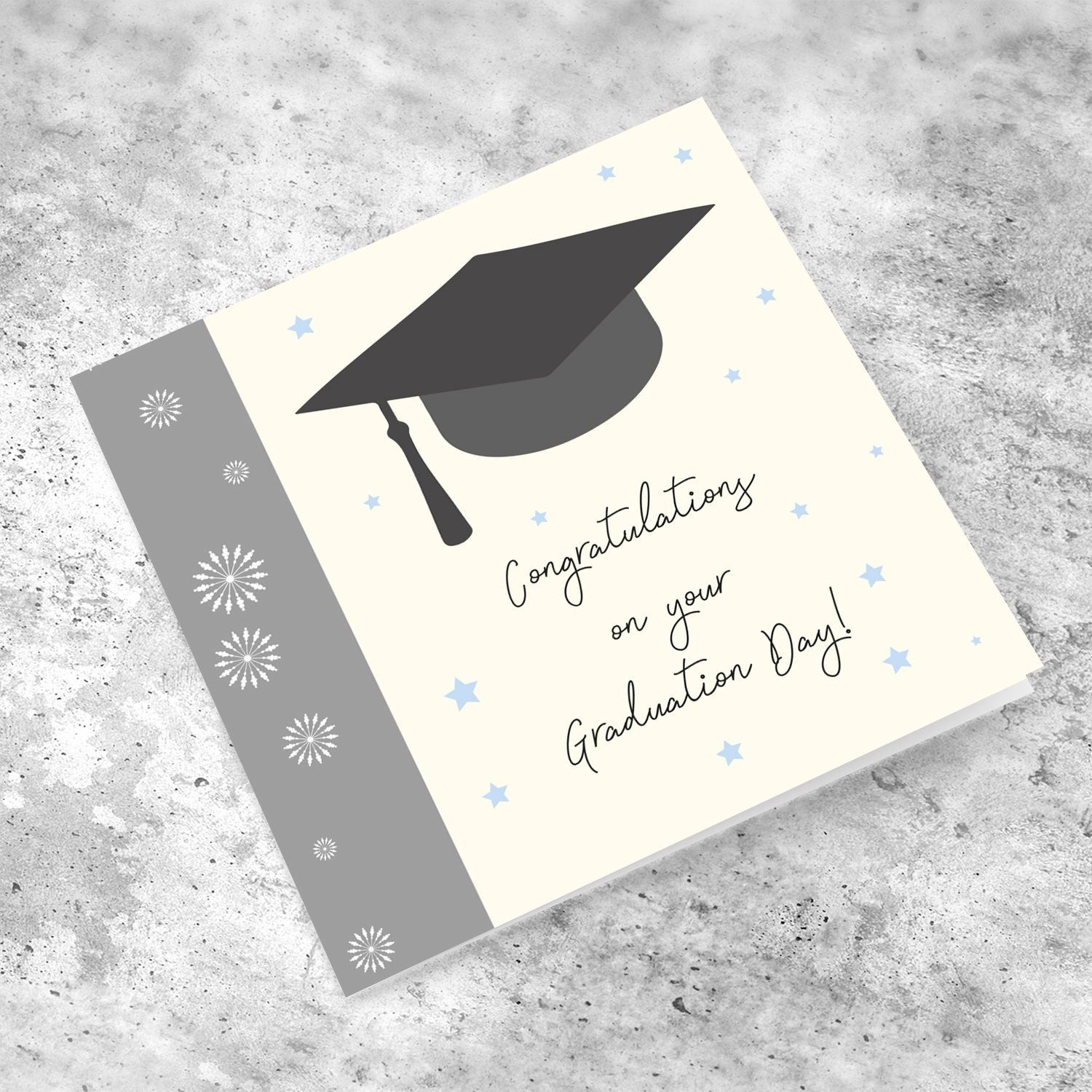 Graduation hat card with blue stars in English