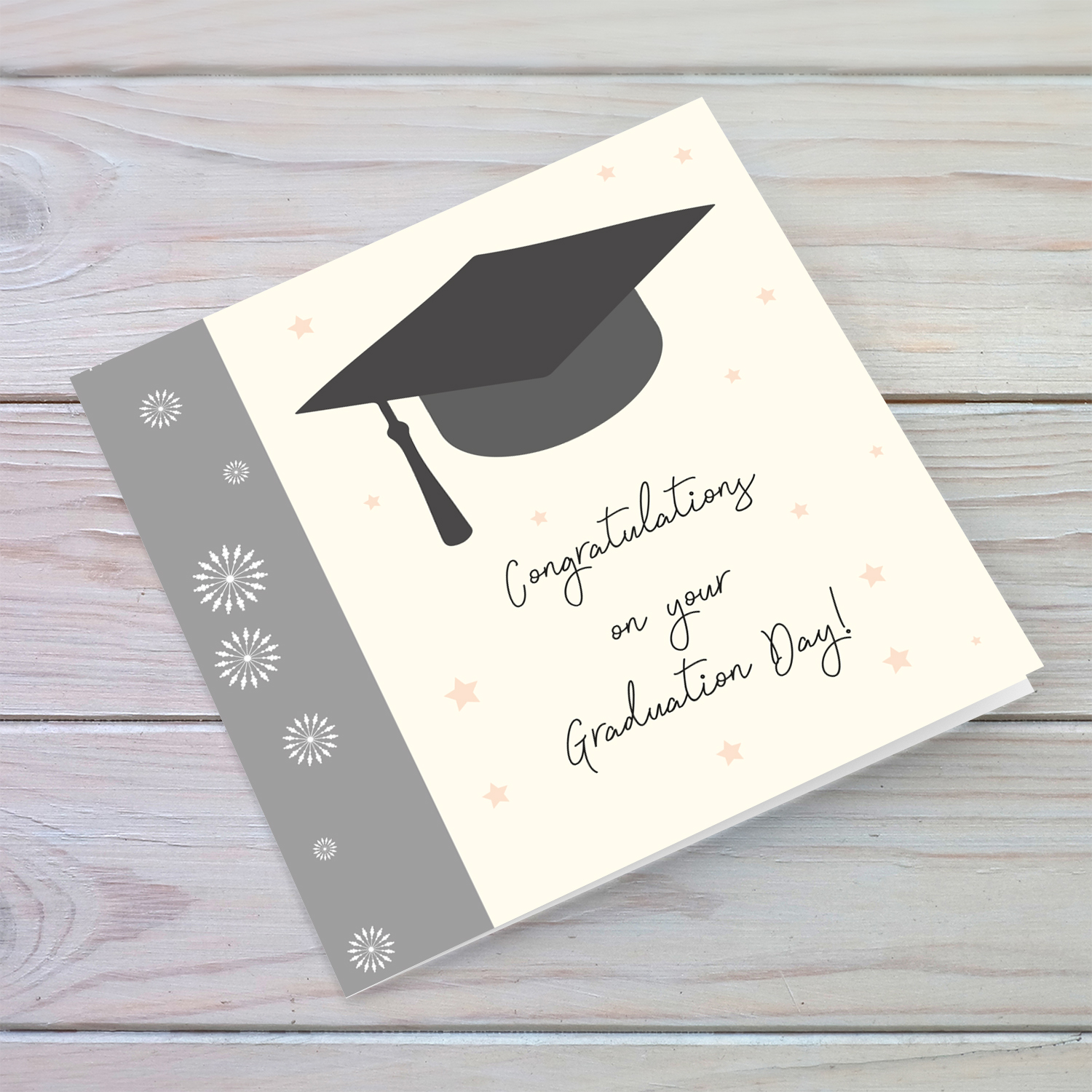 Graduation hat card with peach stars in English