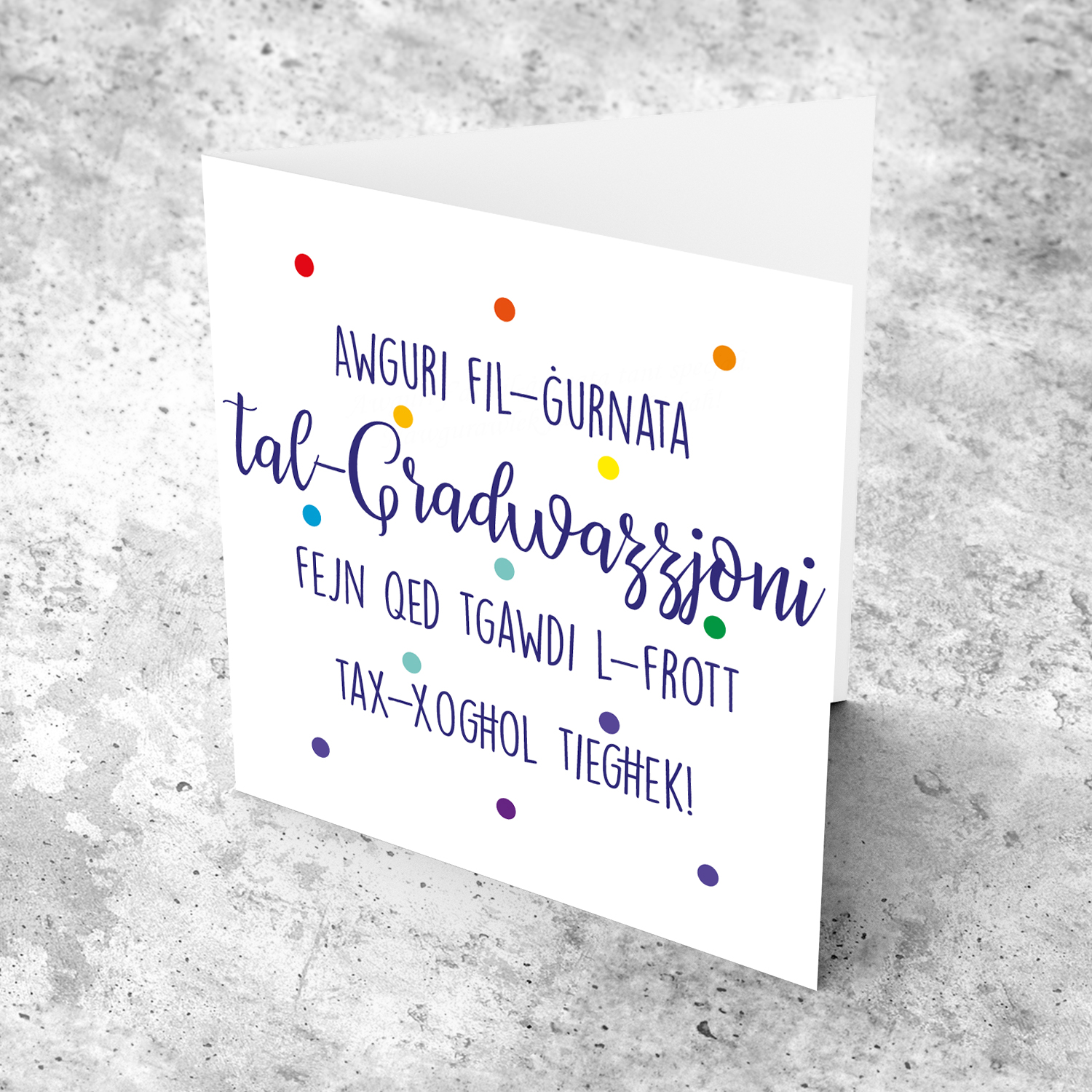 Colourful polka dot Graduation card (in blue text) in Maltese